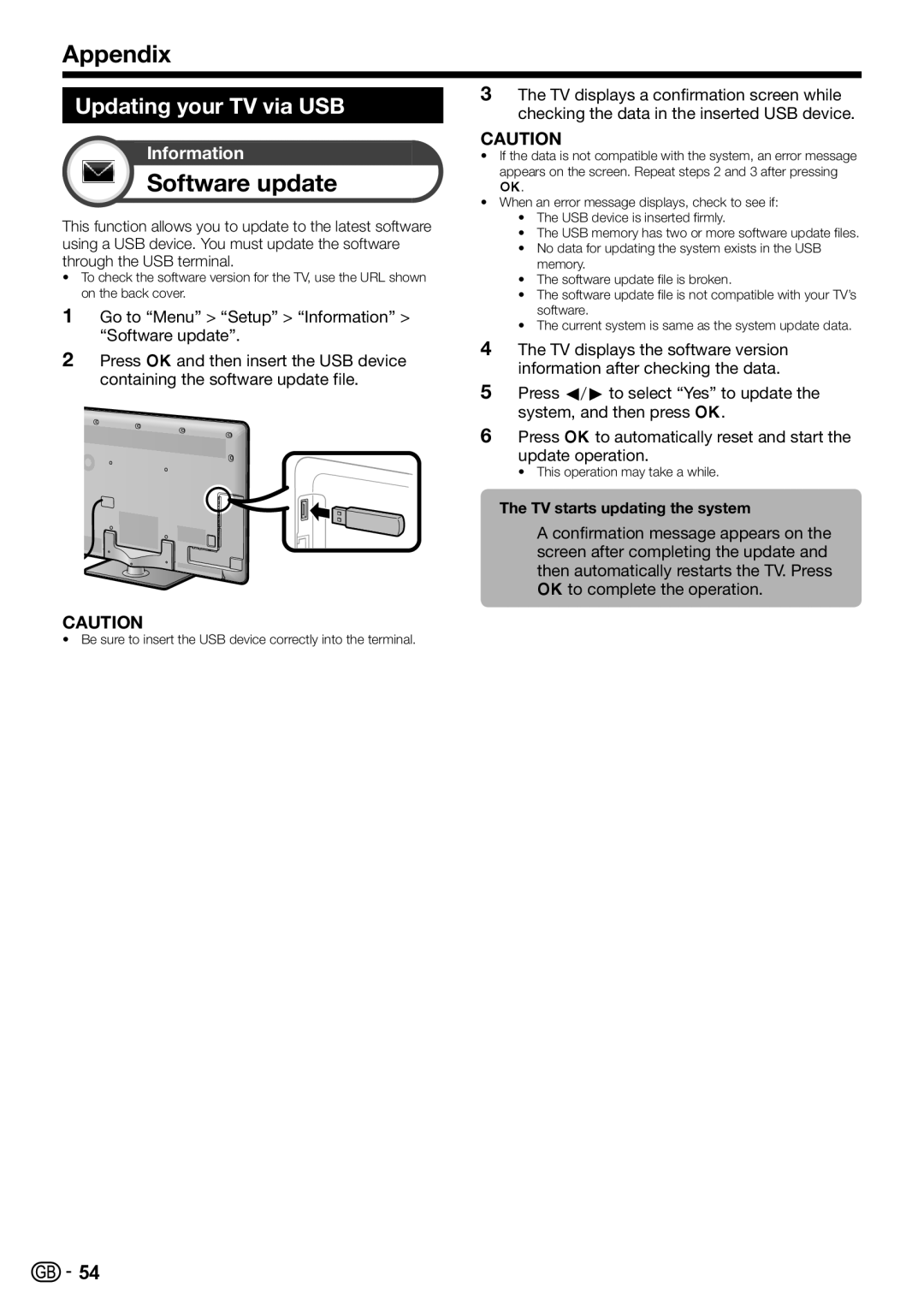 Sharp LC-60LE822ERU Software update, Updating your TV via USB, To complete the operation, TV starts updating the system 