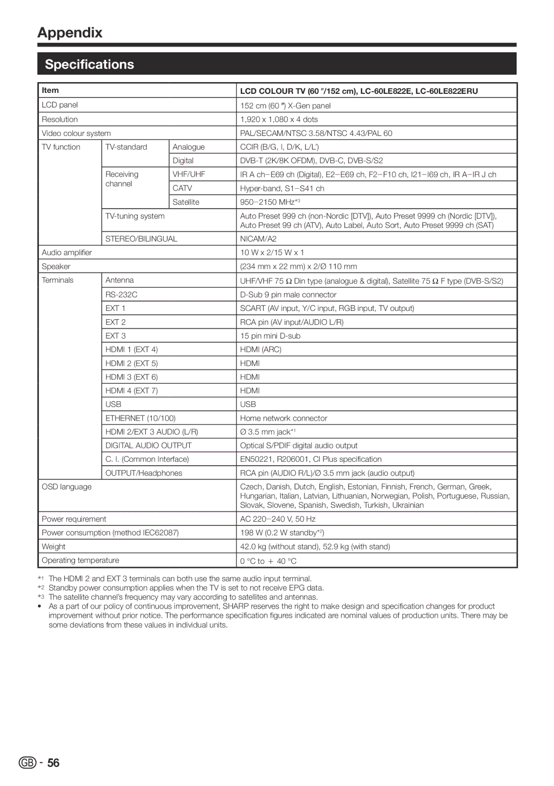 Sharp operation manual Specifications, LCD Colour TV 60 o/152 cm, LC-60LE822E, LC-60LE822ERU 