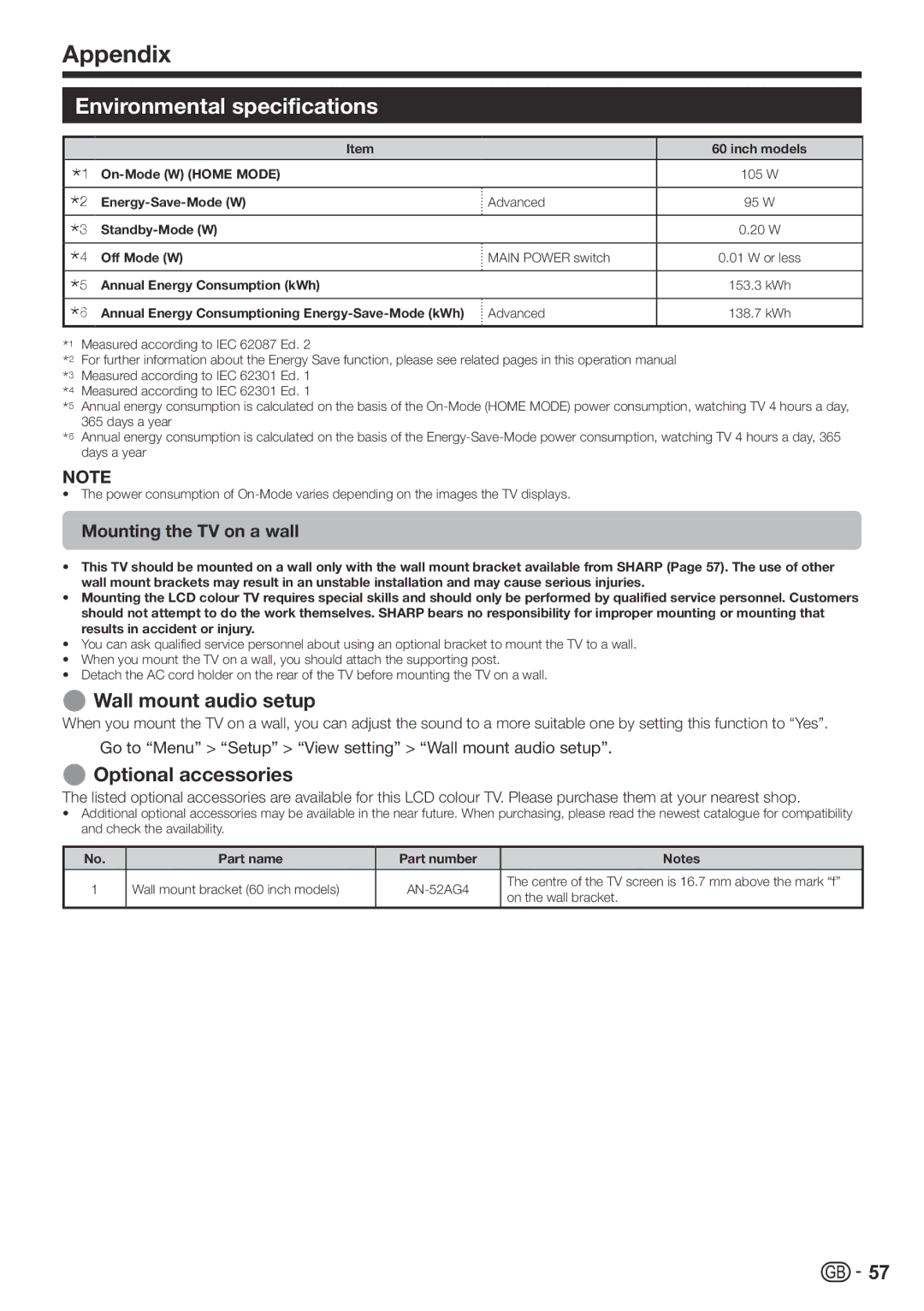 Sharp LC-60LE822E Environmental specifications, Wall mount audio setup, Optional accessories, Mounting the TV on a wall 