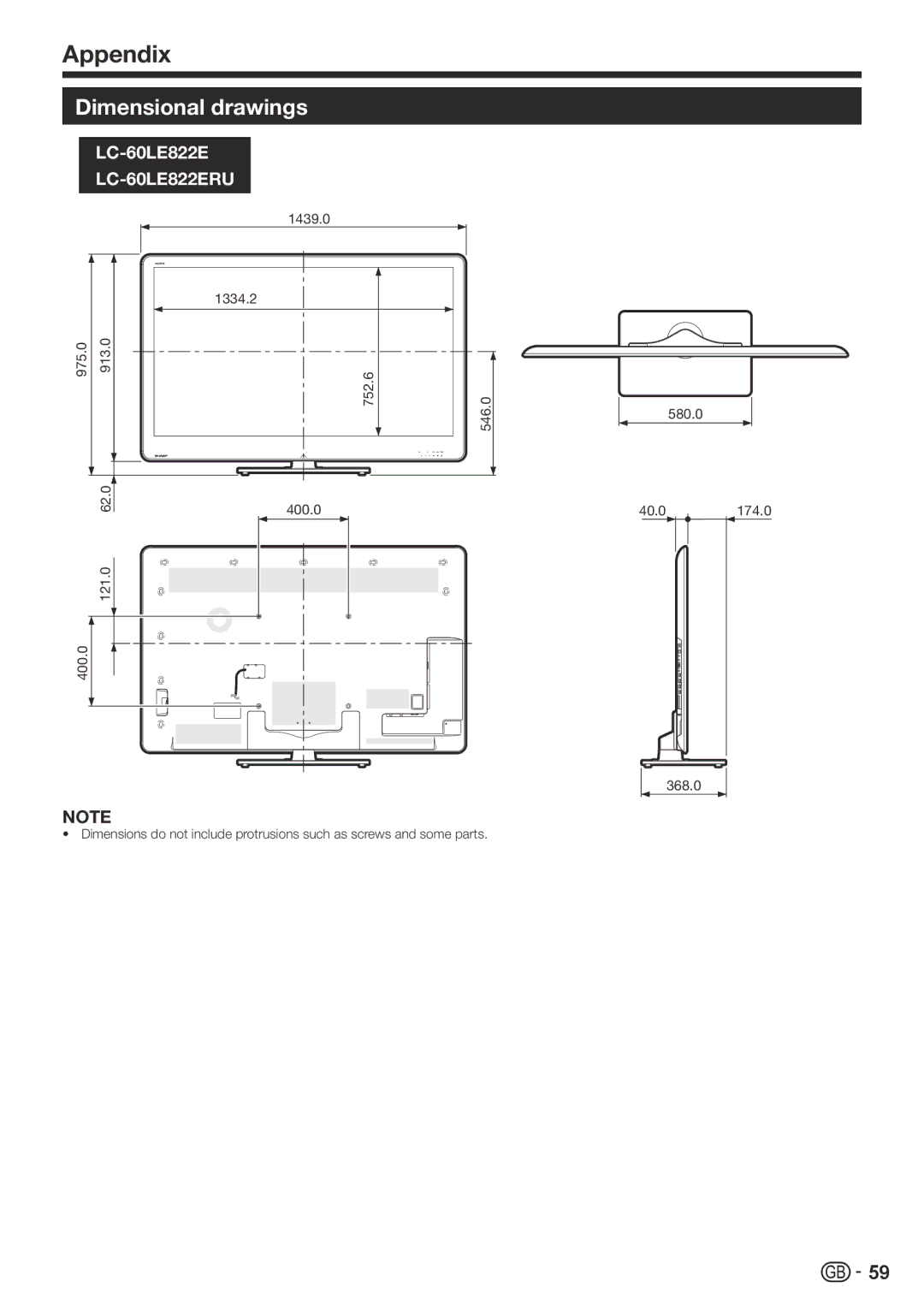 Sharp operation manual Dimensional drawings, LC-60LE822ERU 