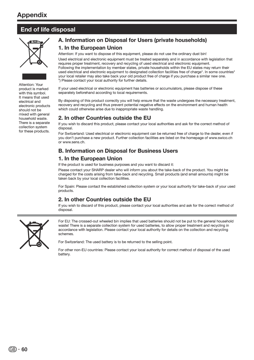 Sharp LC-60LE822ERU operation manual End of life disposal 