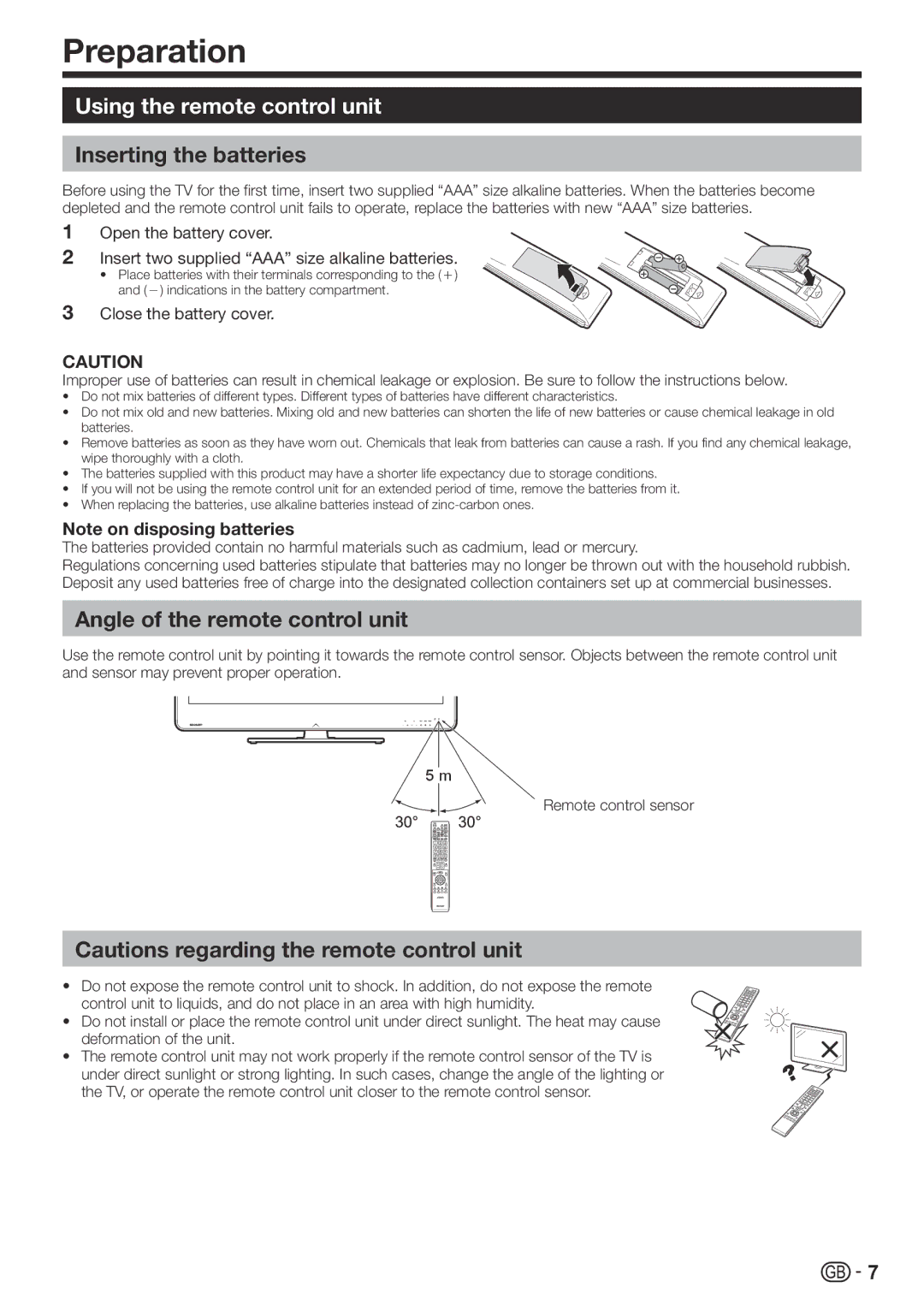 Sharp LC-60LE822E Preparation, Using the remote control unit, Inserting the batteries, Angle of the remote control unit 