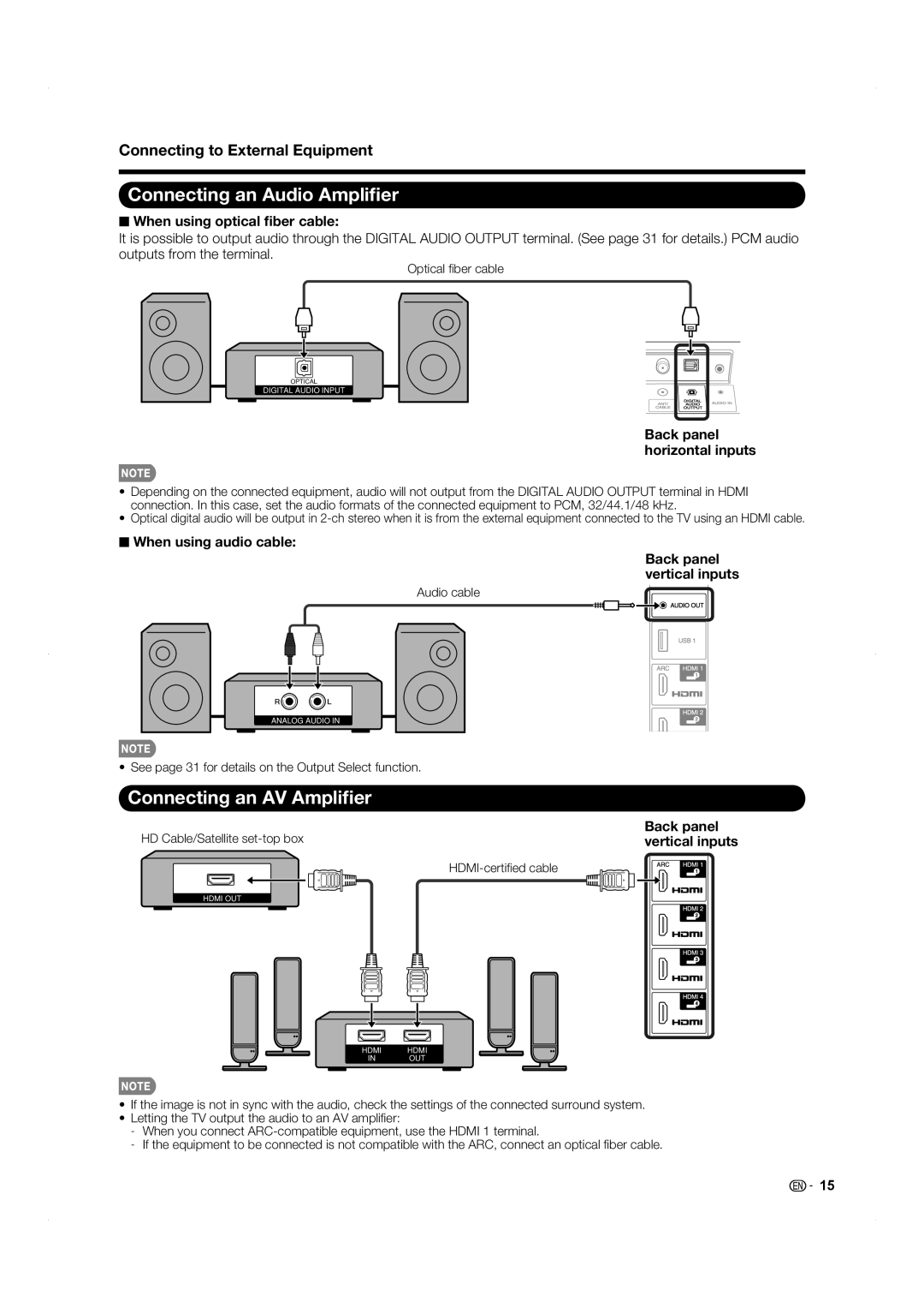 Sharp LC-60LE831U operation manual Connecting an Audio Ampliﬁer, Connecting an AV Ampliﬁer 