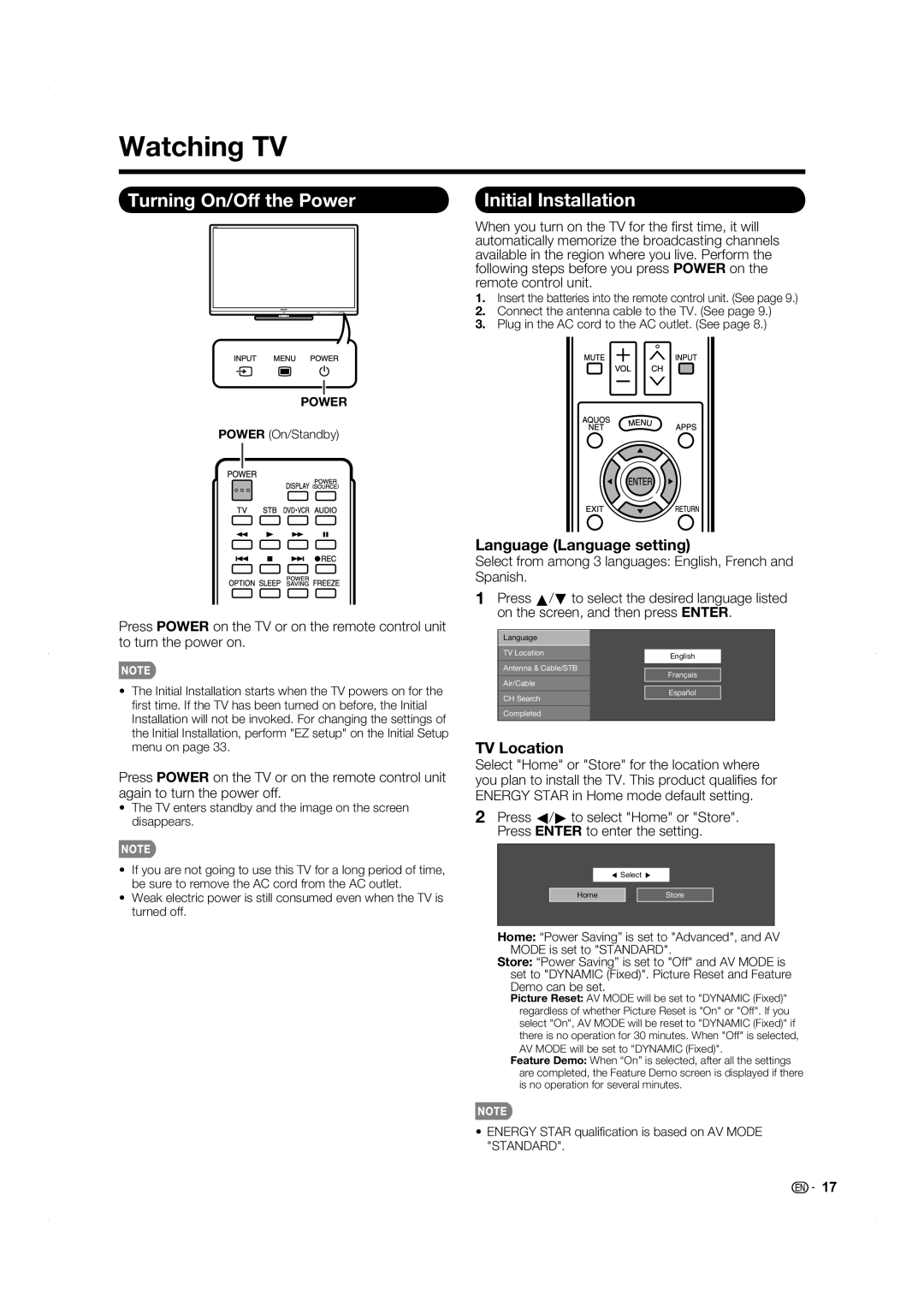 Sharp LC-60LE831U Watching TV, Turning On/Off the Power Initial Installation, Language Language setting, TV Location 