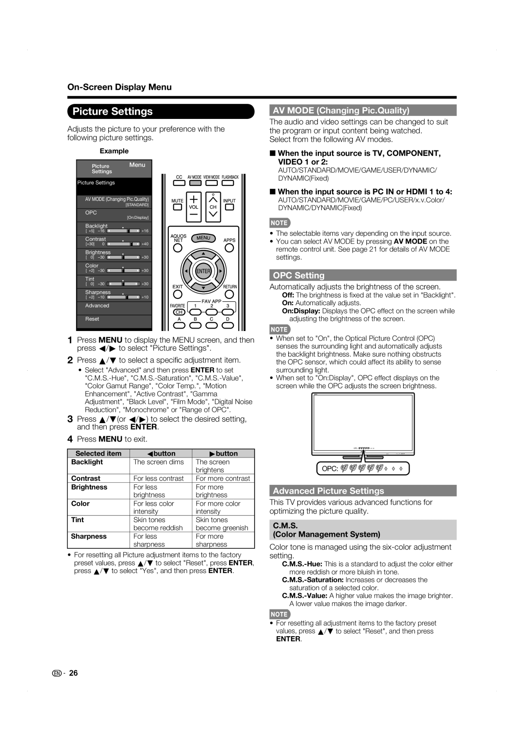 Sharp LC-60LE831U operation manual AV Mode Changing Pic.Quality, OPC Setting, Advanced Picture Settings 