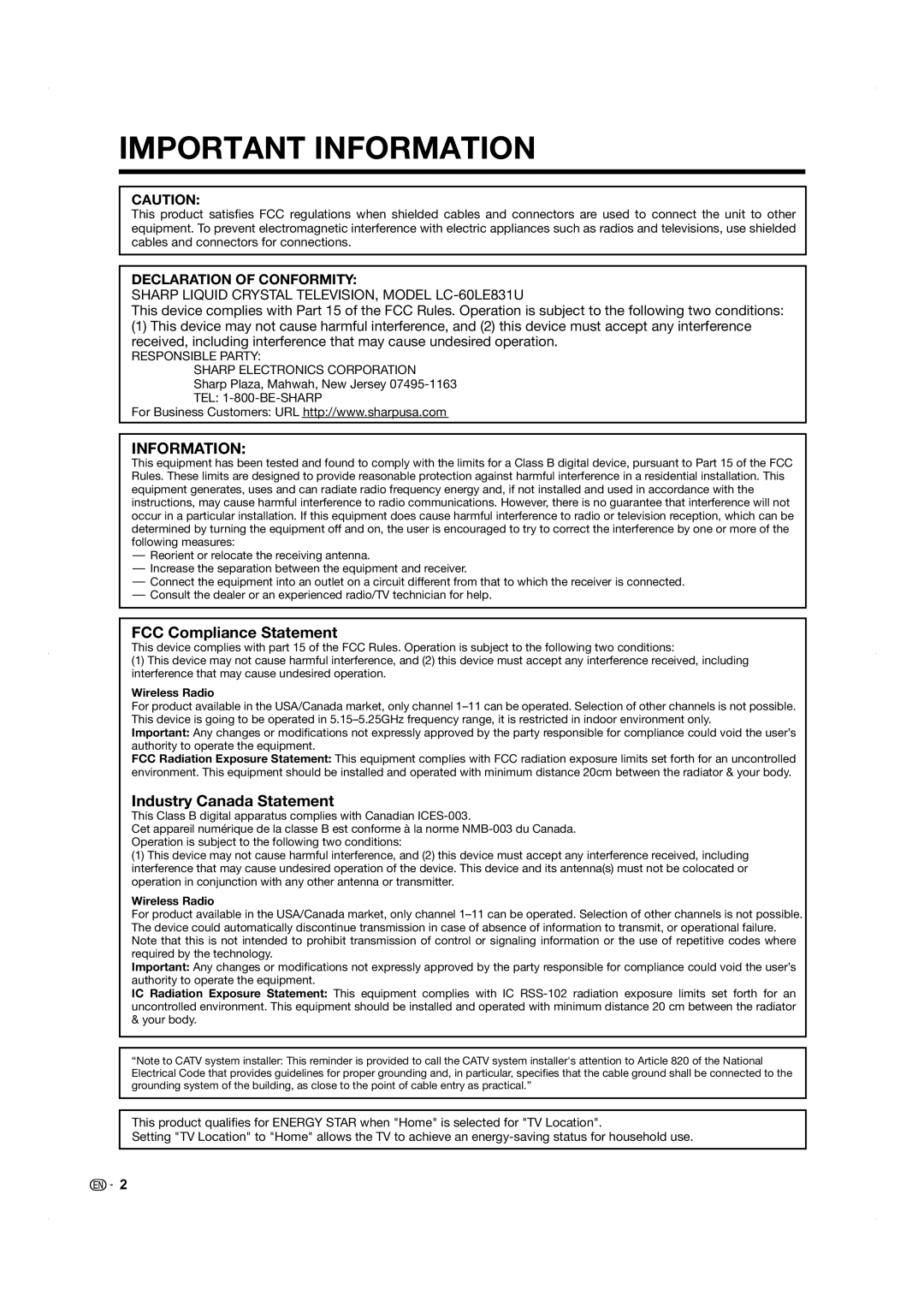 Sharp LC-60LE831U operation manual FCC Compliance Statement, Industry Canada Statement 