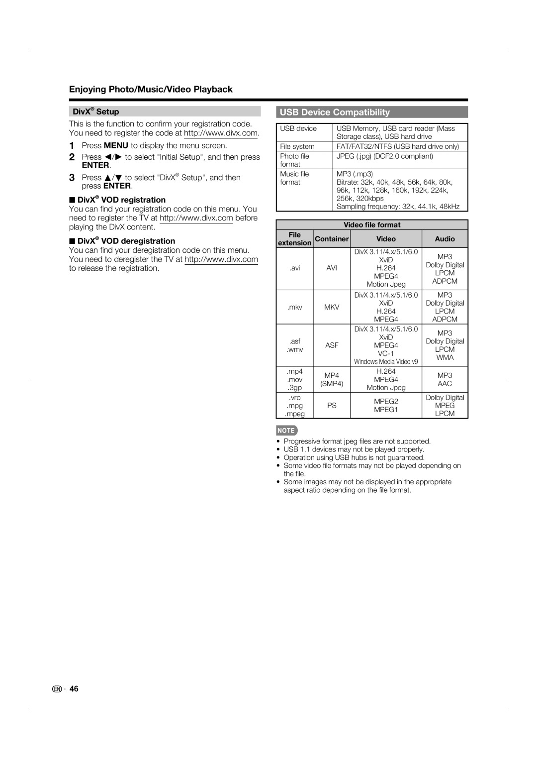 Sharp LC-60LE831U USB Device Compatibility, Press a/b to select DivX Setup, and then press Enter, Video ﬁle format 