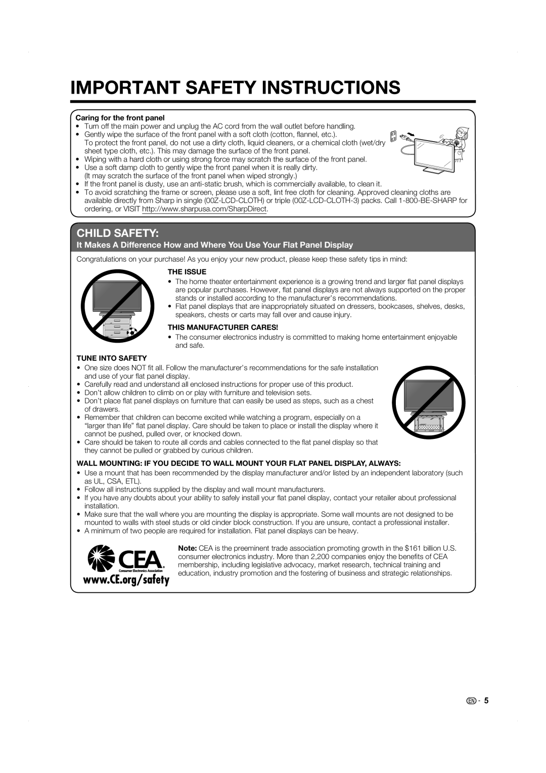 Sharp LC-60LE831U operation manual Child Safety, Caring for the front panel 