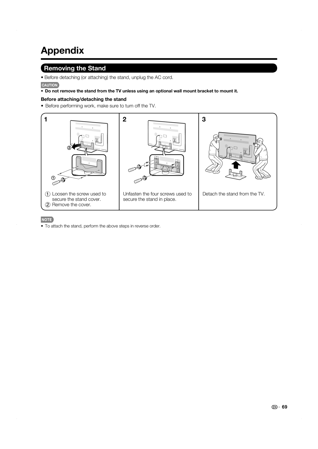 Sharp LC-60LE831U Appendix, Removing the Stand, Before detaching or attaching the stand, unplug the AC cord 