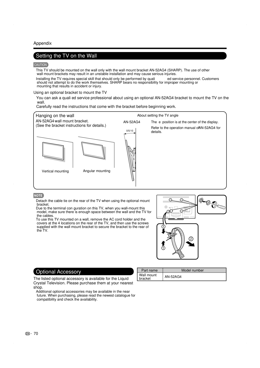 Sharp LC-60LE831U operation manual Setting the TV on the Wall, Optional Accessory, Appendix, Hanging on the wall 