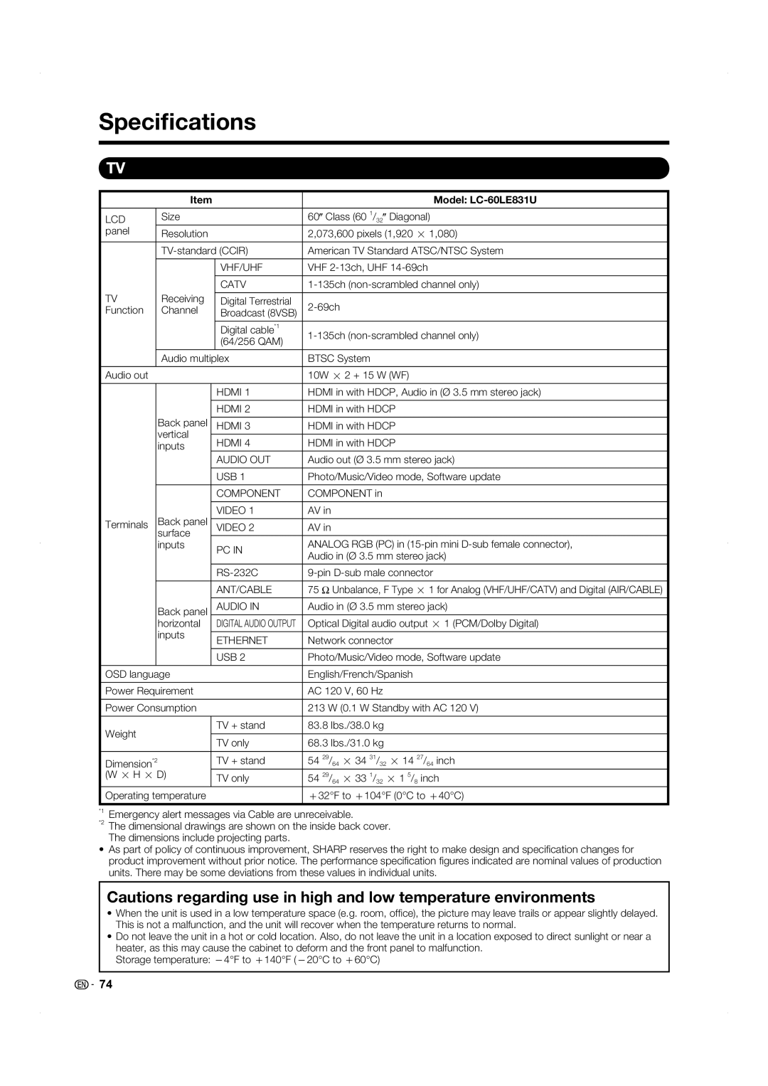 Sharp operation manual Speciﬁcations, Model LC-60LE831U 