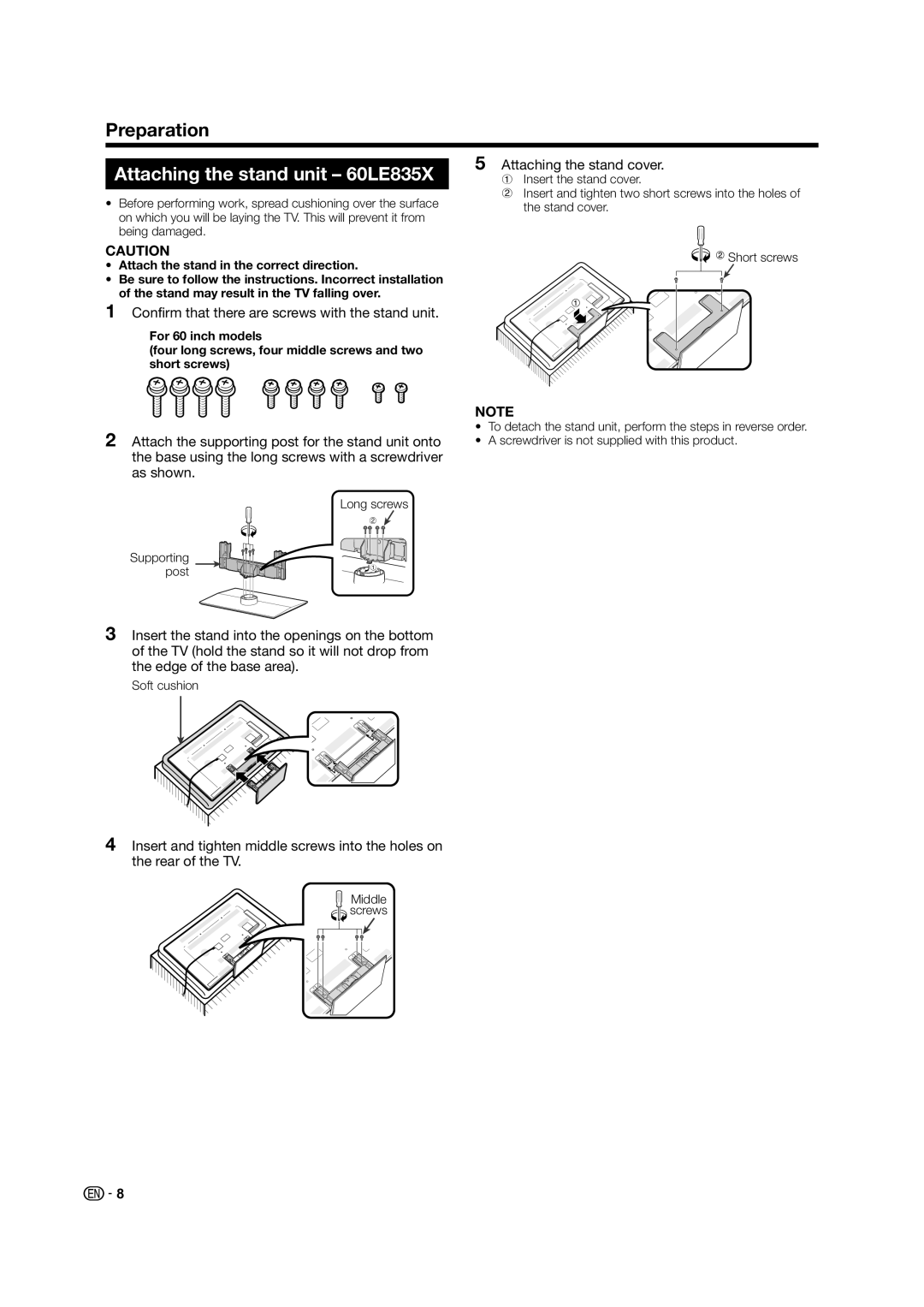 Sharp LC-60LE835X Attaching the stand unit 60LE835X, Attaching the stand cover, Insert Holes on, Long screws, Post 