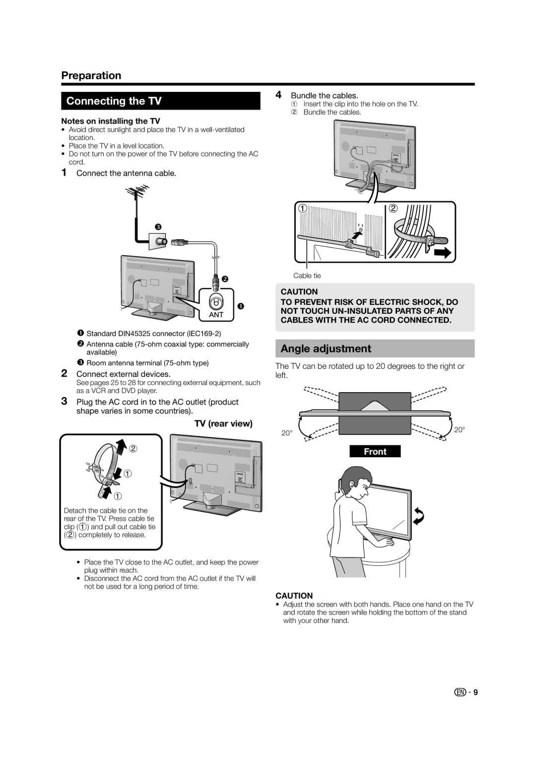 Sharp LC-60LE835X operation manual Connecting the TV, Angle adjustment, TV rear view, Bundle the cables 