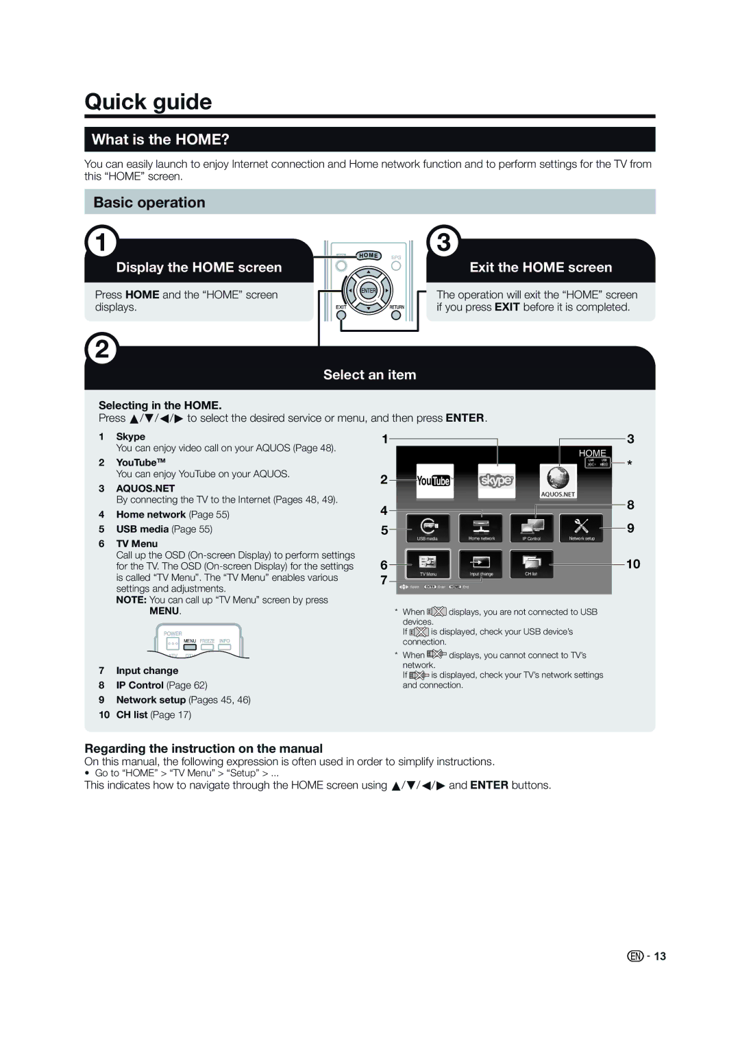 Sharp LC-60LE835X operation manual Quick guide, What is the HOME?, Basic operation, Regarding the instruction on the manual 