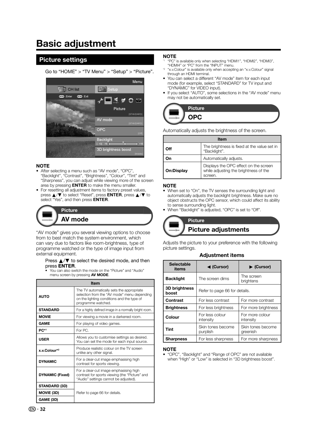 Sharp LC-60LE835X operation manual Basic adjustment, Picture settings, AV mode, Picture adjustments, Adjustment items 