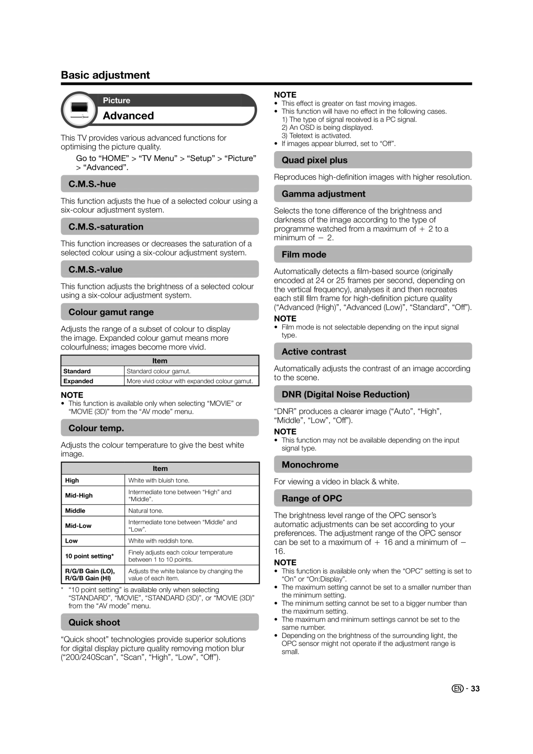 Sharp LC-60LE835X operation manual Basic adjustment, Advanced 