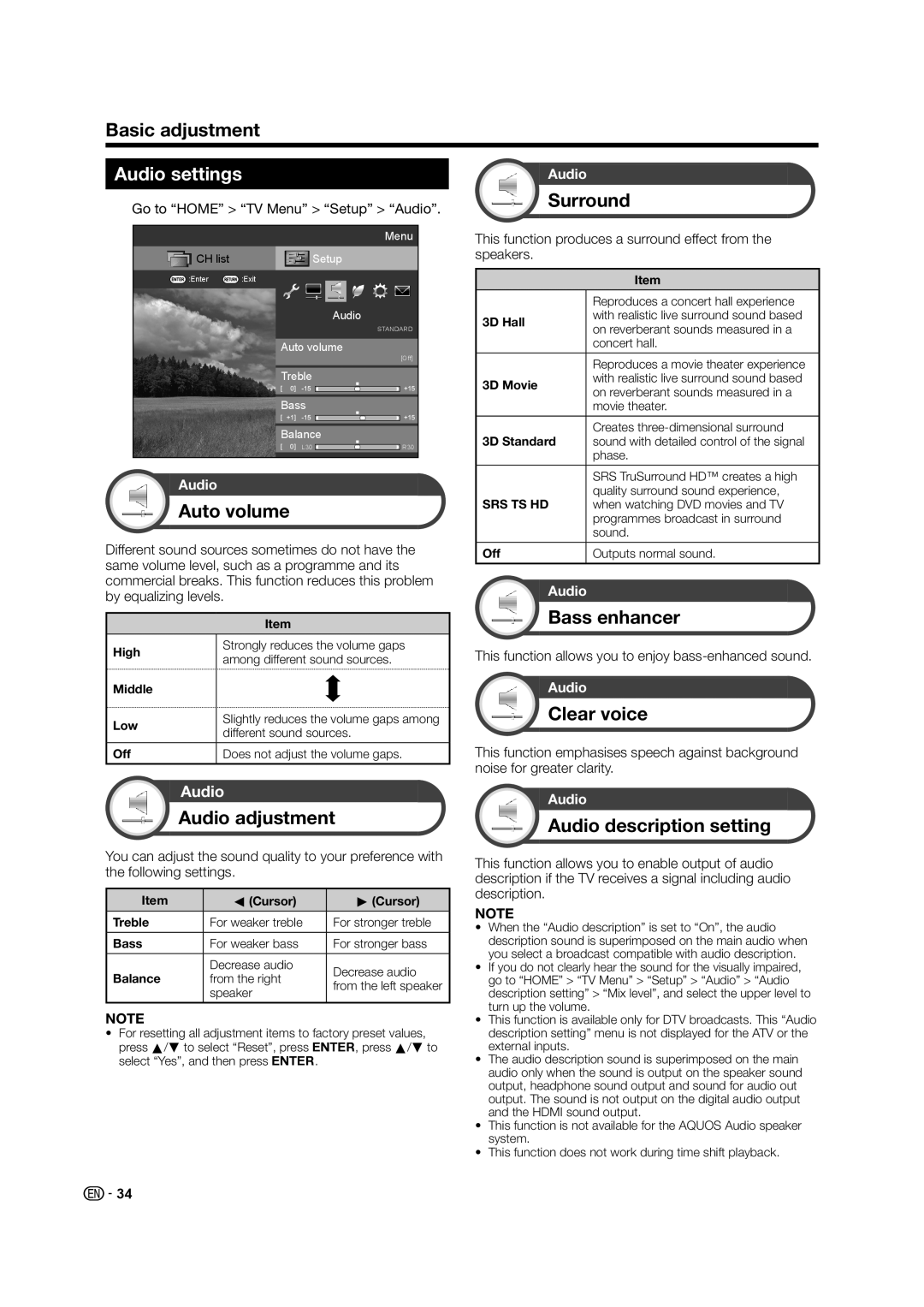 Sharp LC-60LE835X operation manual Audio settings 