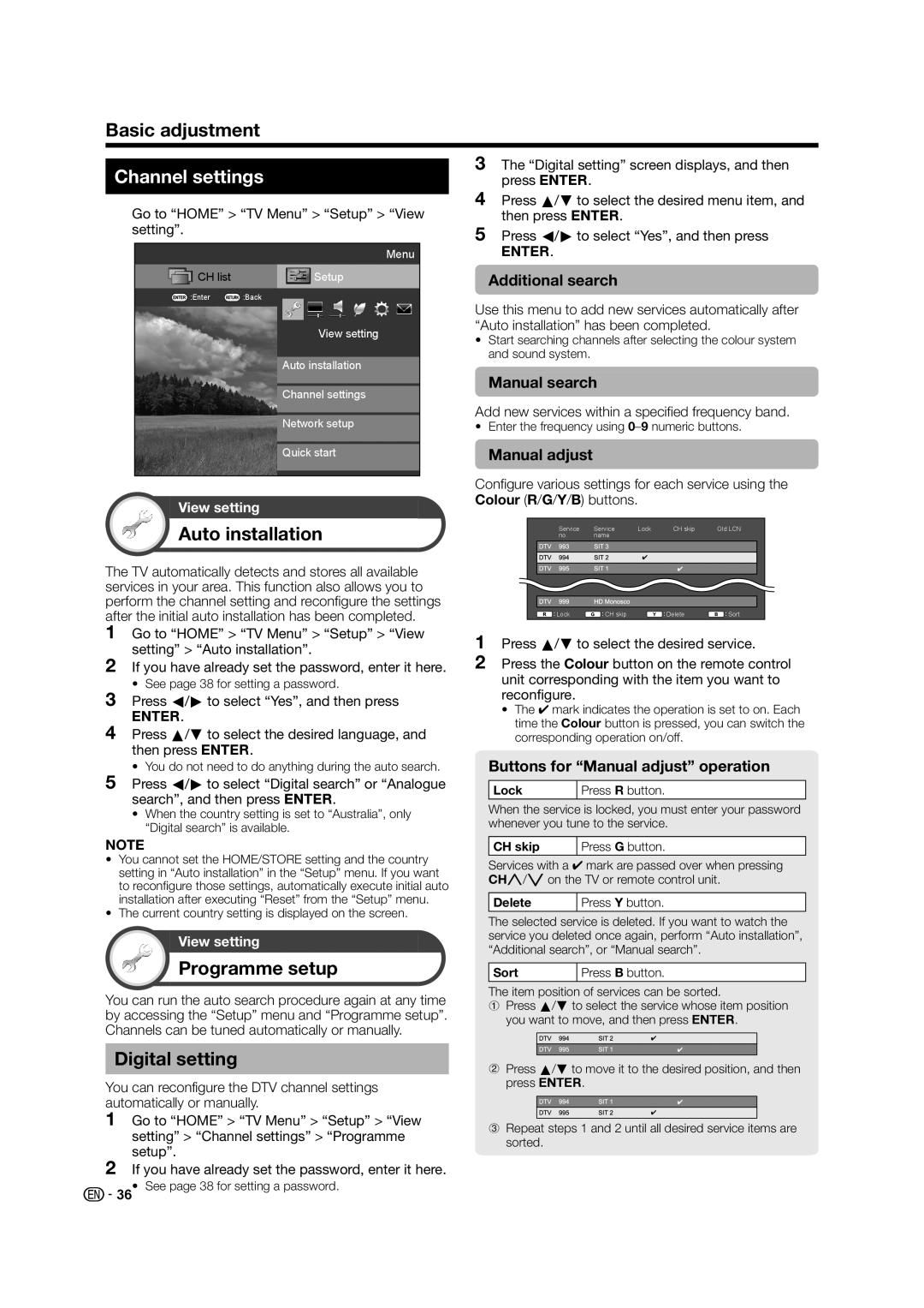 Sharp LC-60LE835X operation manual Channel settings, Auto installation, Programme setup, Digital setting 