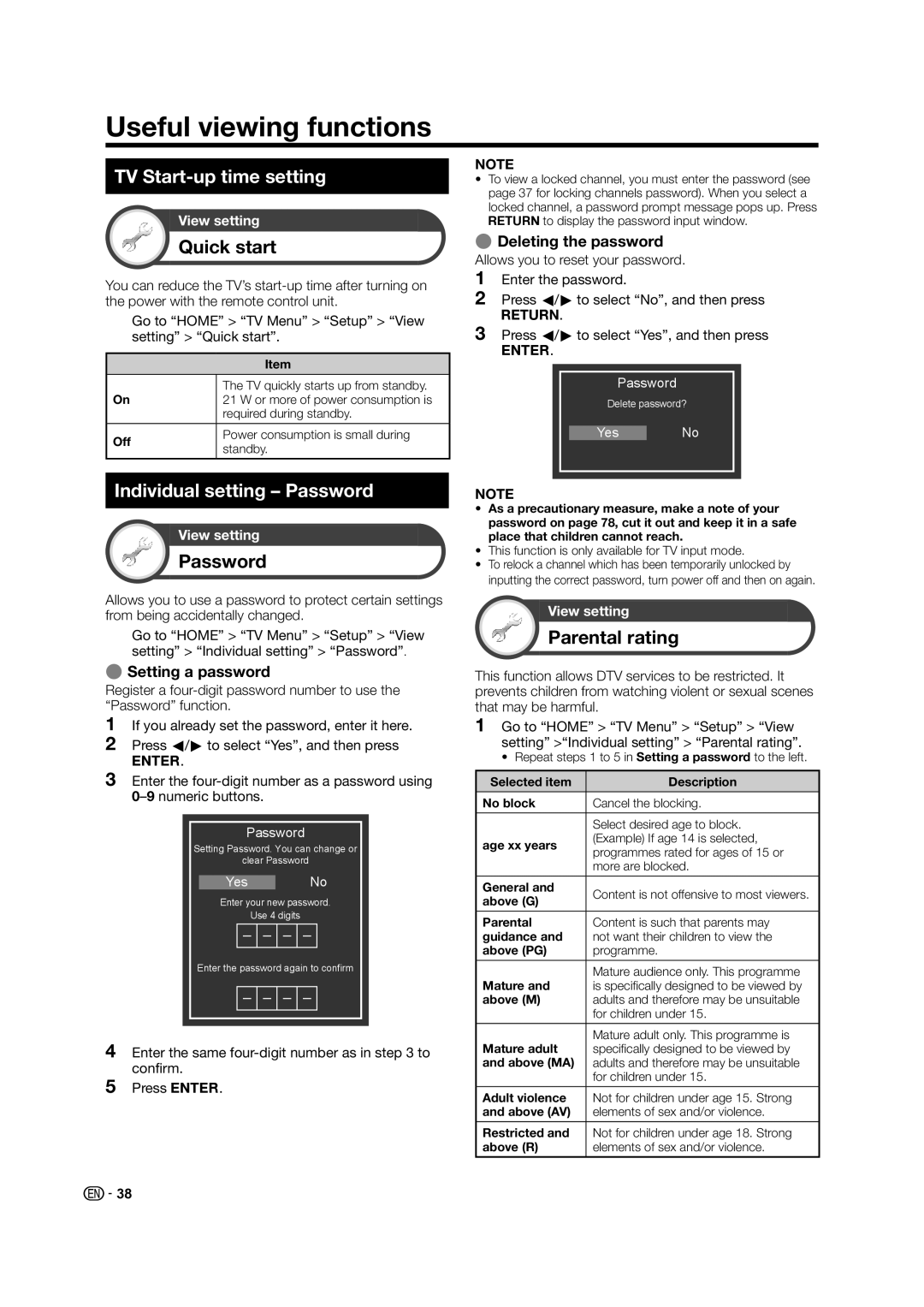 Sharp LC-60LE835X operation manual Useful viewing functions, TV Start-up time setting, Individual setting Password 