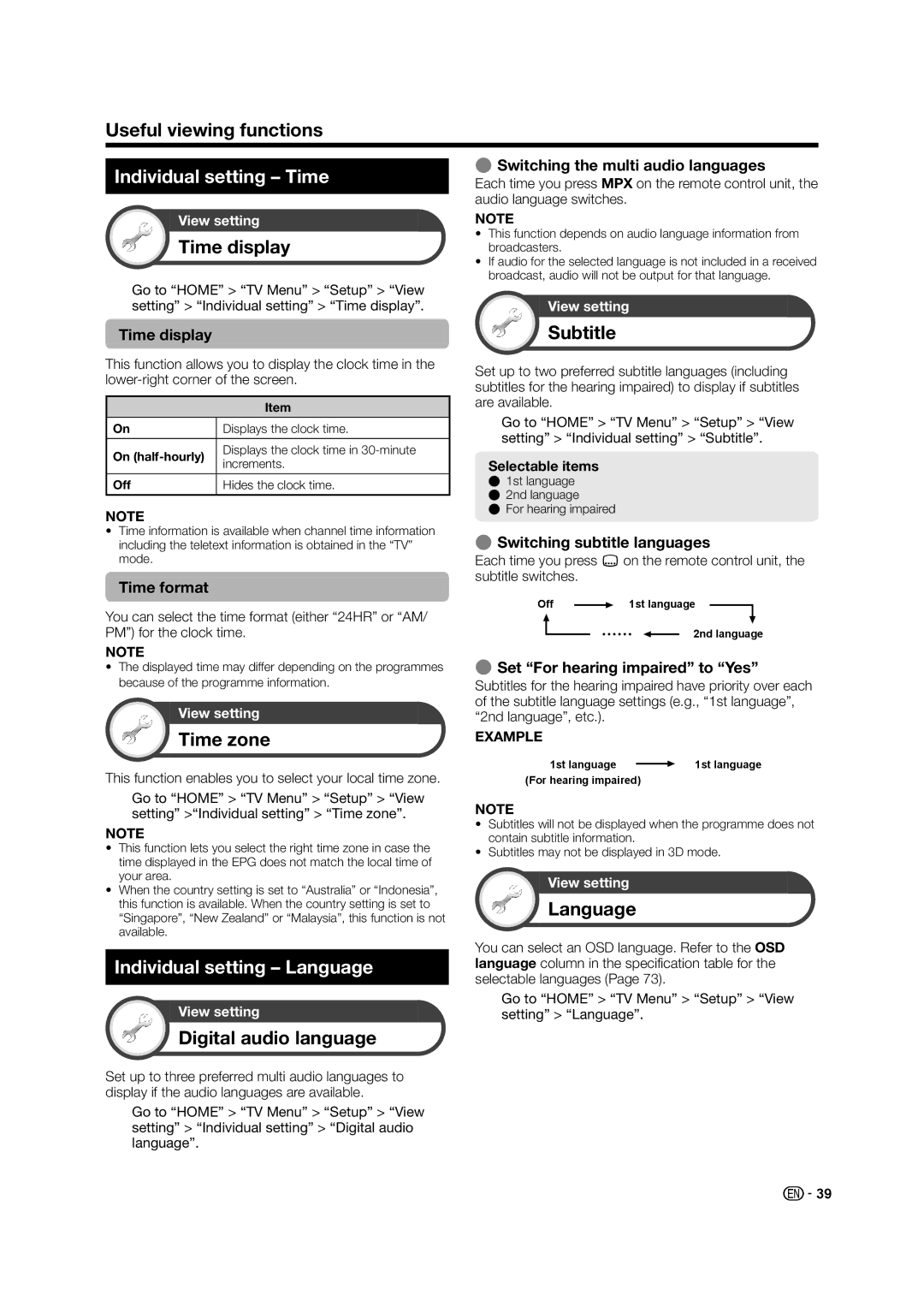 Sharp LC-60LE835X operation manual Individual setting Time, Individual setting Language 