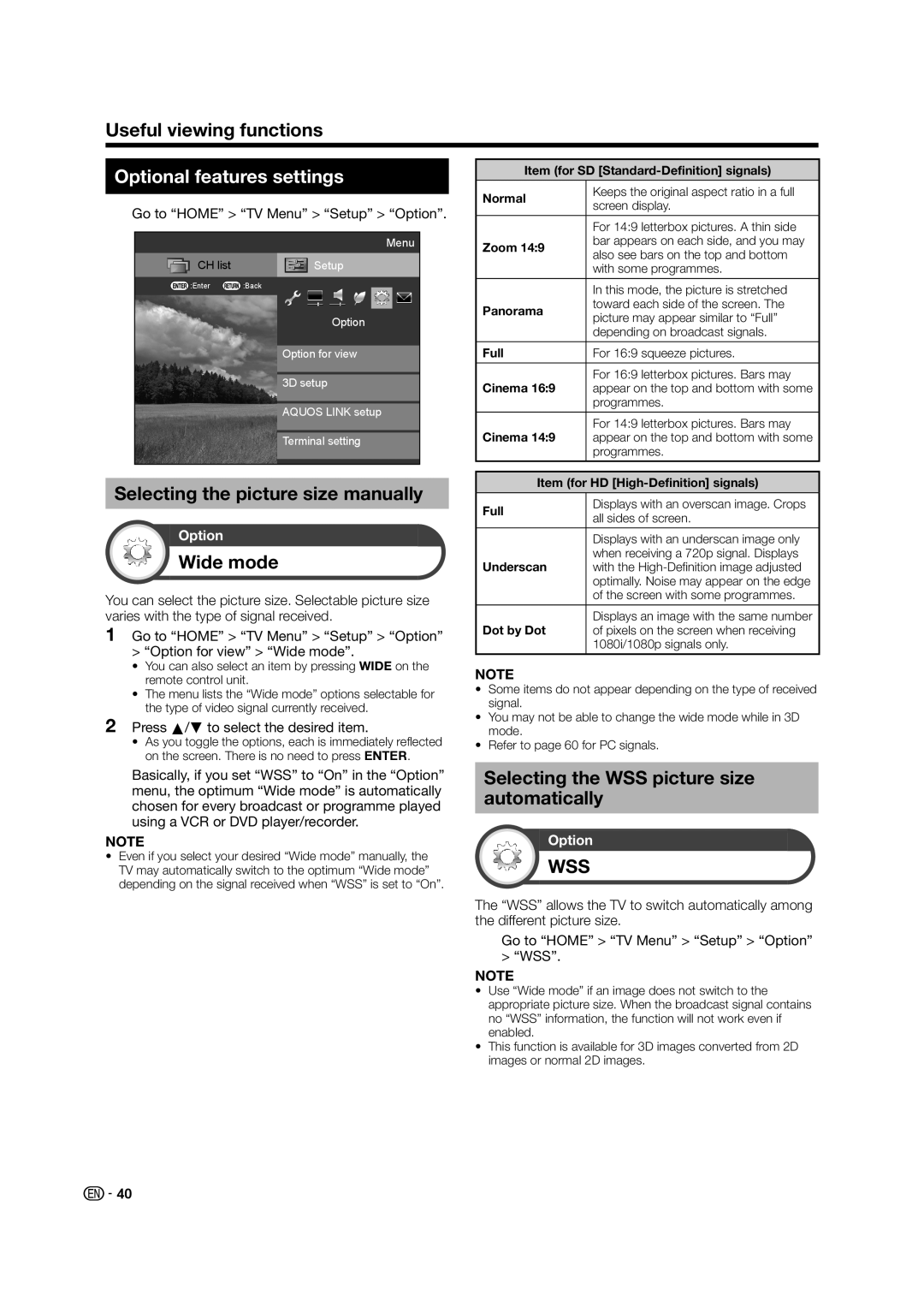 Sharp LC-60LE835X operation manual Optional features settings, Selecting the picture size manually, Wide mode 