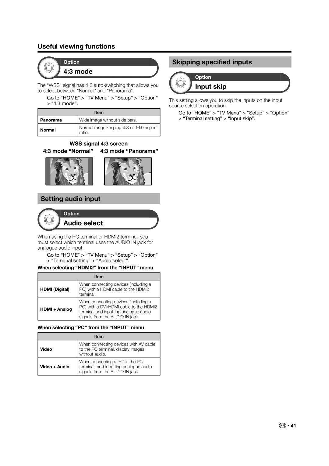 Sharp LC-60LE835X operation manual Mode, Skipping specified inputs, Input skip, Setting audio input, Audio select 