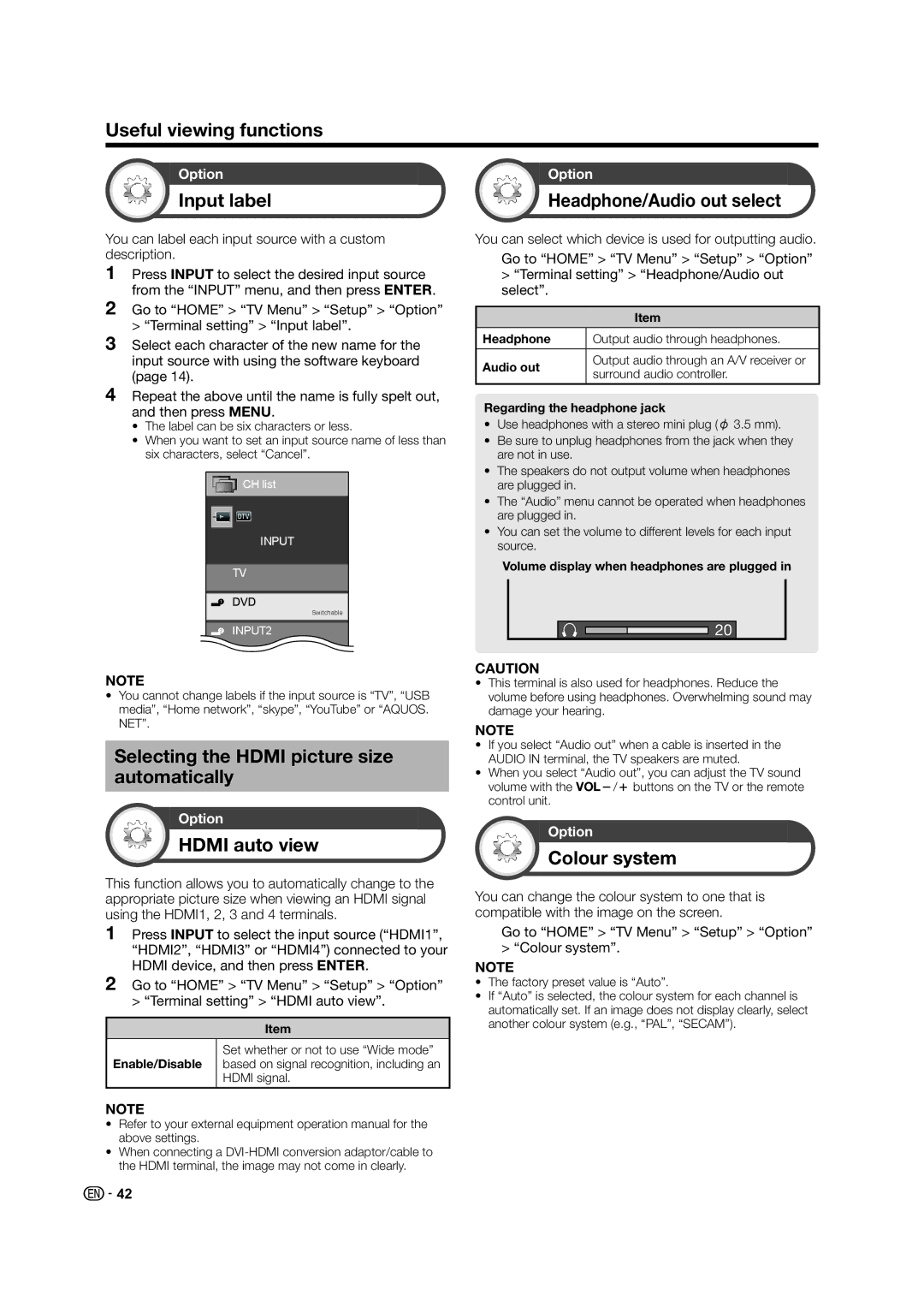 Sharp LC-60LE835X Input label, Selecting the Hdmi picture size automatically, Hdmi auto view, Headphone/Audio out select 