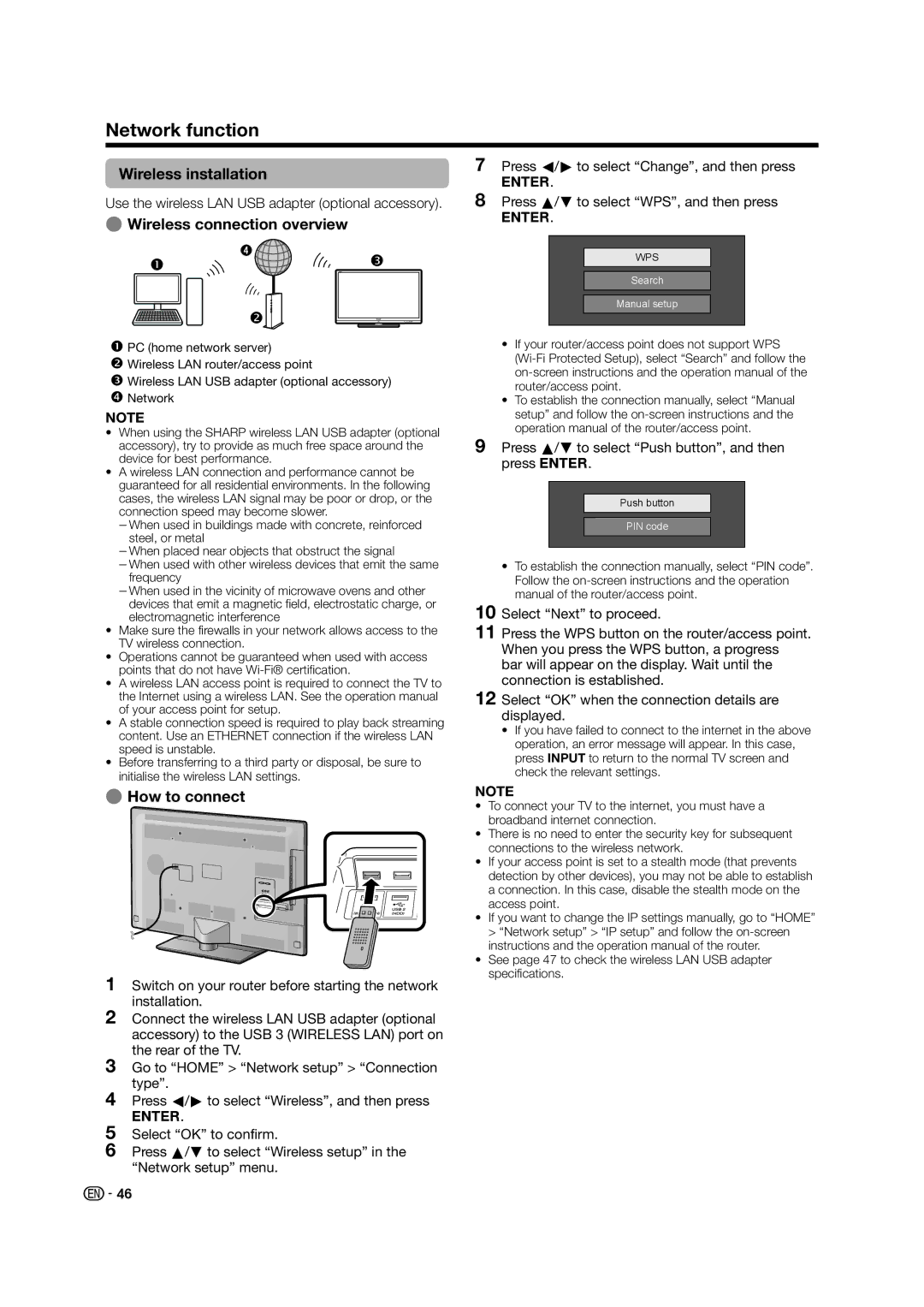 Sharp LC-60LE835X operation manual Network function, Wireless installation, Wireless connection overview 