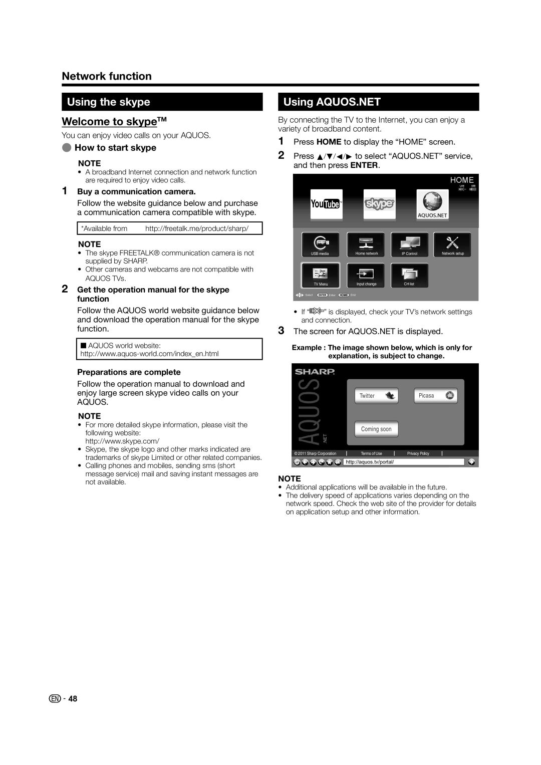 Sharp LC-60LE835X operation manual Using the skype, Welcome to skypeTM, Using AQUOS.NET, How to start skype 