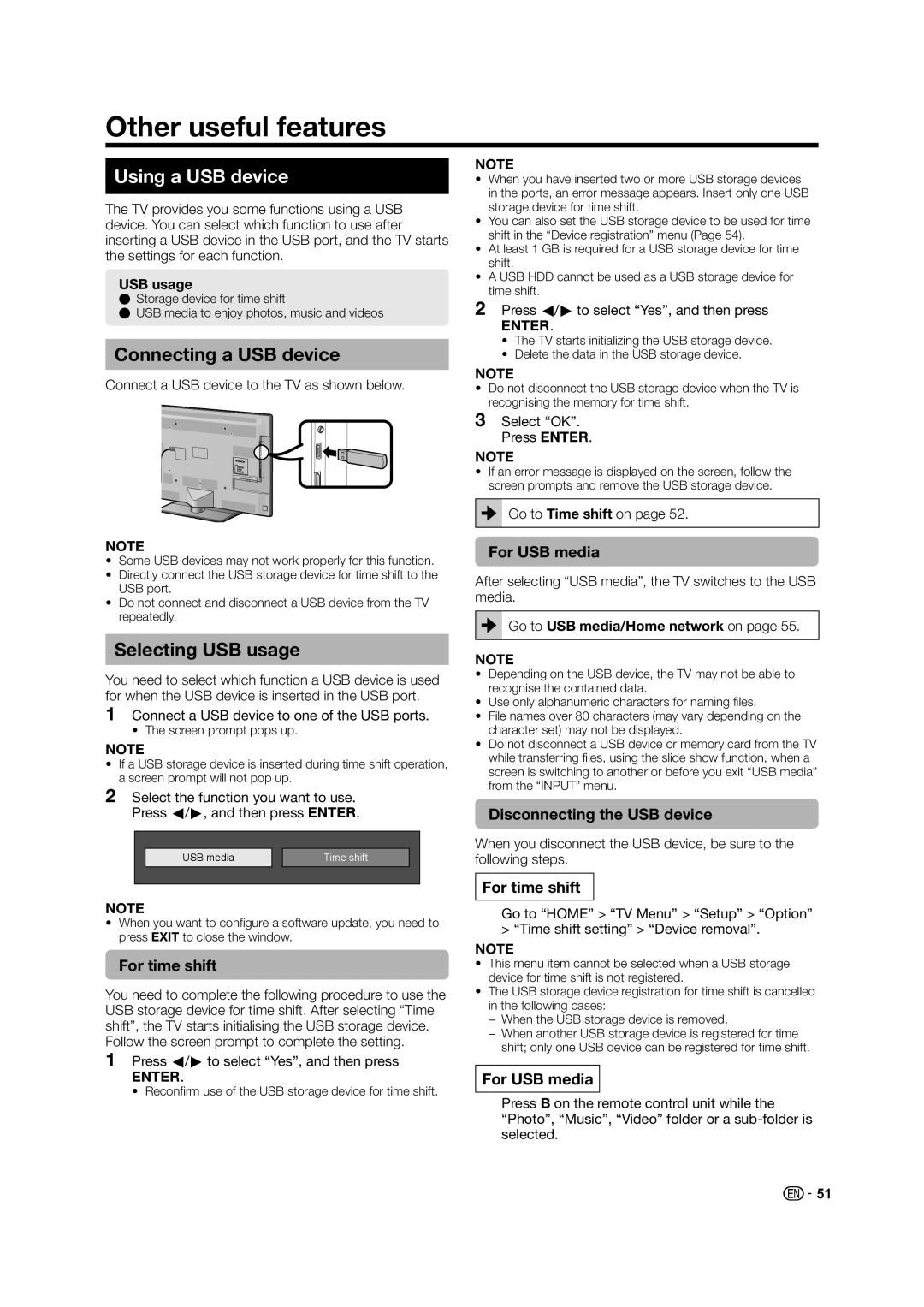 Sharp LC-60LE835X operation manual Other useful features, Using a USB device, Connecting a USB device, Selecting USB usage 