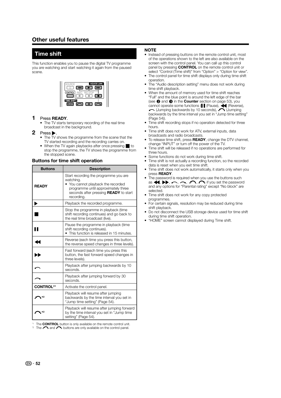 Sharp LC-60LE835X operation manual Other useful features, Time shift, Buttons for time shift operation, Press Ready 