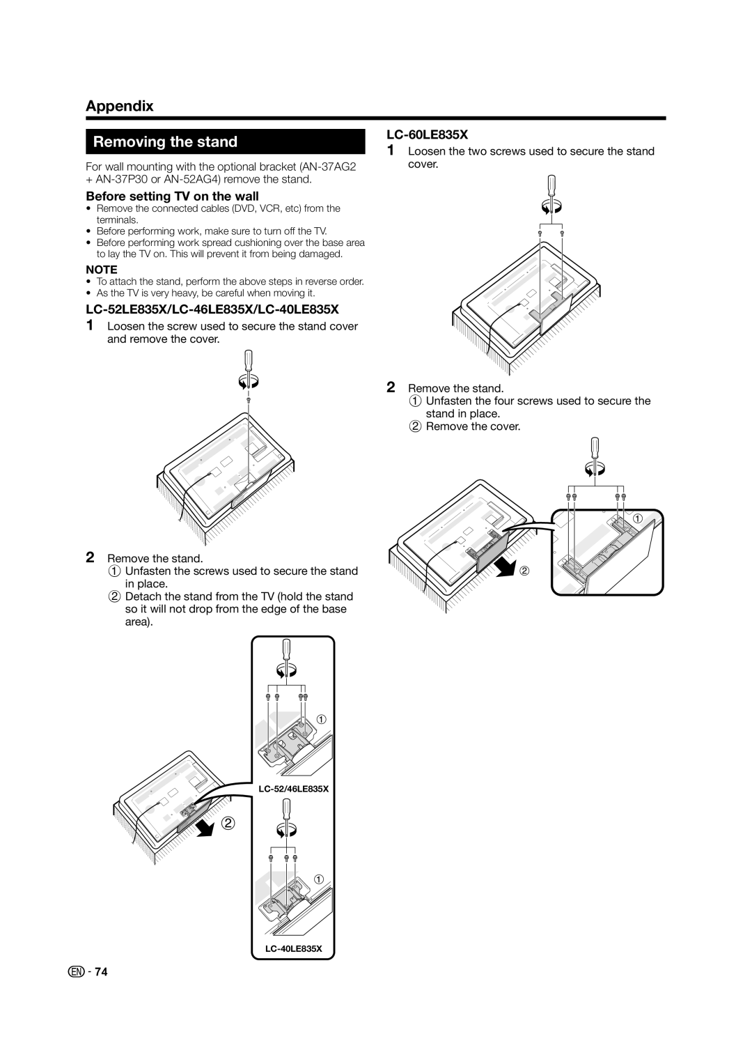 Sharp LC-60LE835X operation manual Removing the stand, Before setting TV on the wall, LC-52LE835X/LC-46LE835X/LC-40LE835X 