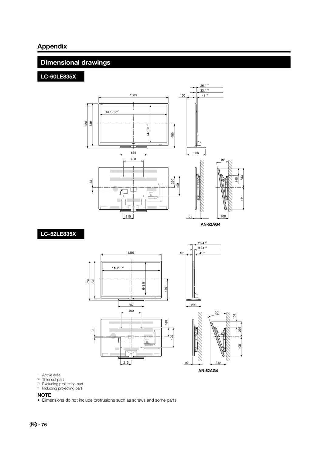 Sharp LC-60LE835X operation manual Dimensional drawings, LC-52LE835X 