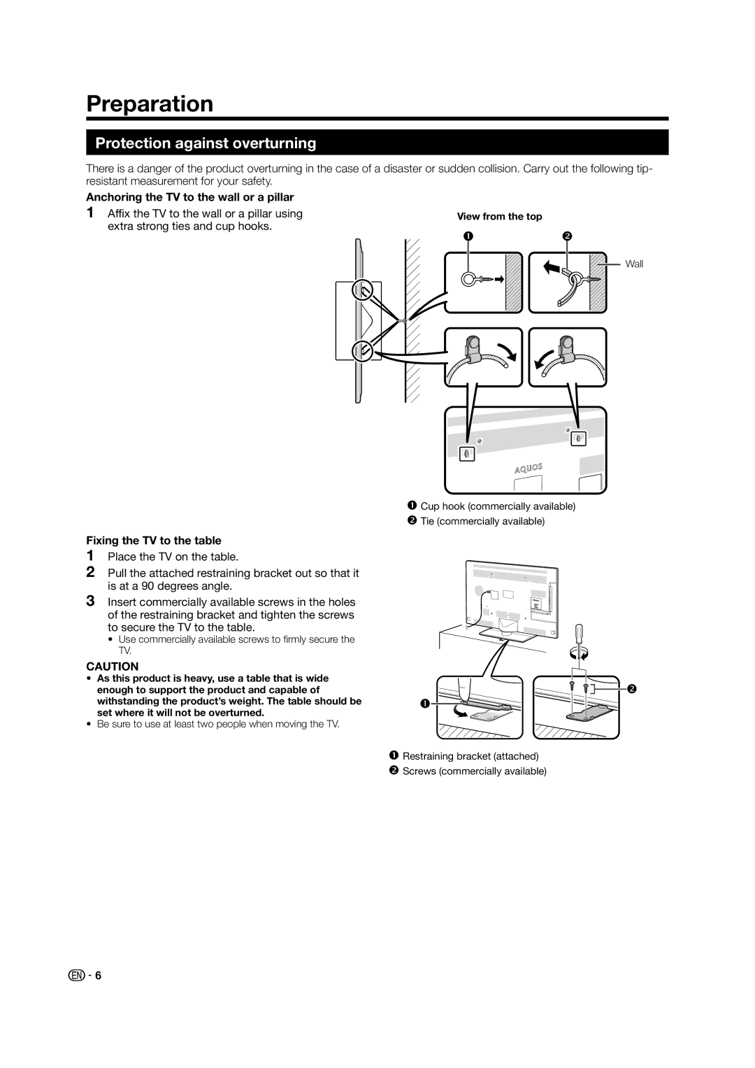 Sharp LC-60LE835X operation manual Preparation, Protection against overturning, Anchoring the TV to the wall or a pillar 