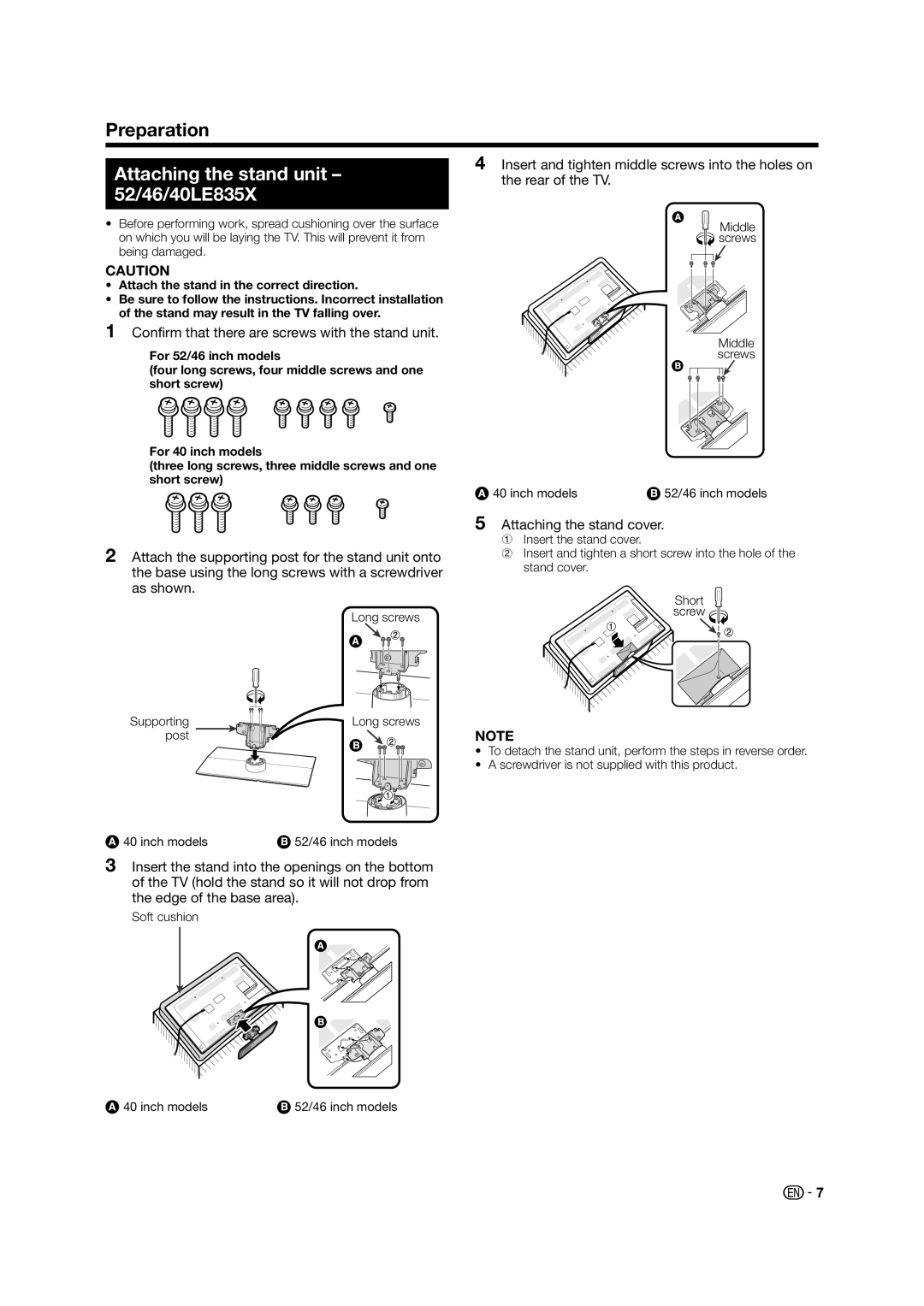 Sharp LC-60LE835X Preparation, Attaching the stand unit 52/46/40LE835X, Confirm that there are screws with the stand unit 