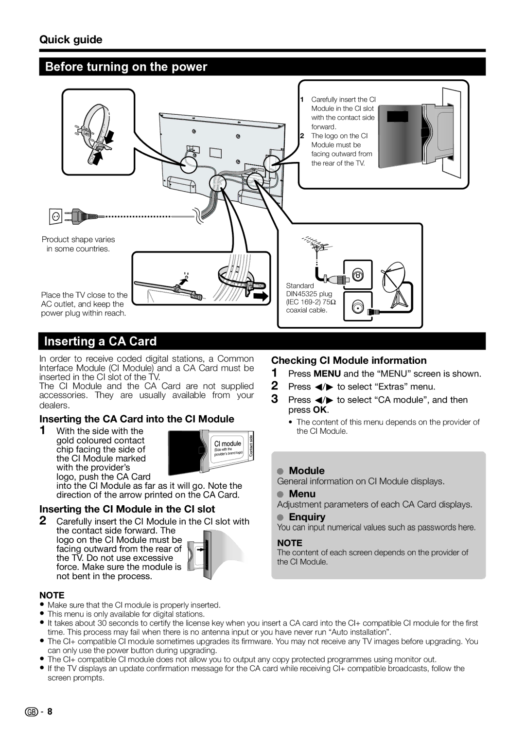 Sharp LC-50LE652E/V, LC-60LX652E, LC-60LE654E, LC-60LE651E/K Before turning on the power, Inserting a CA Card, Quick guide 