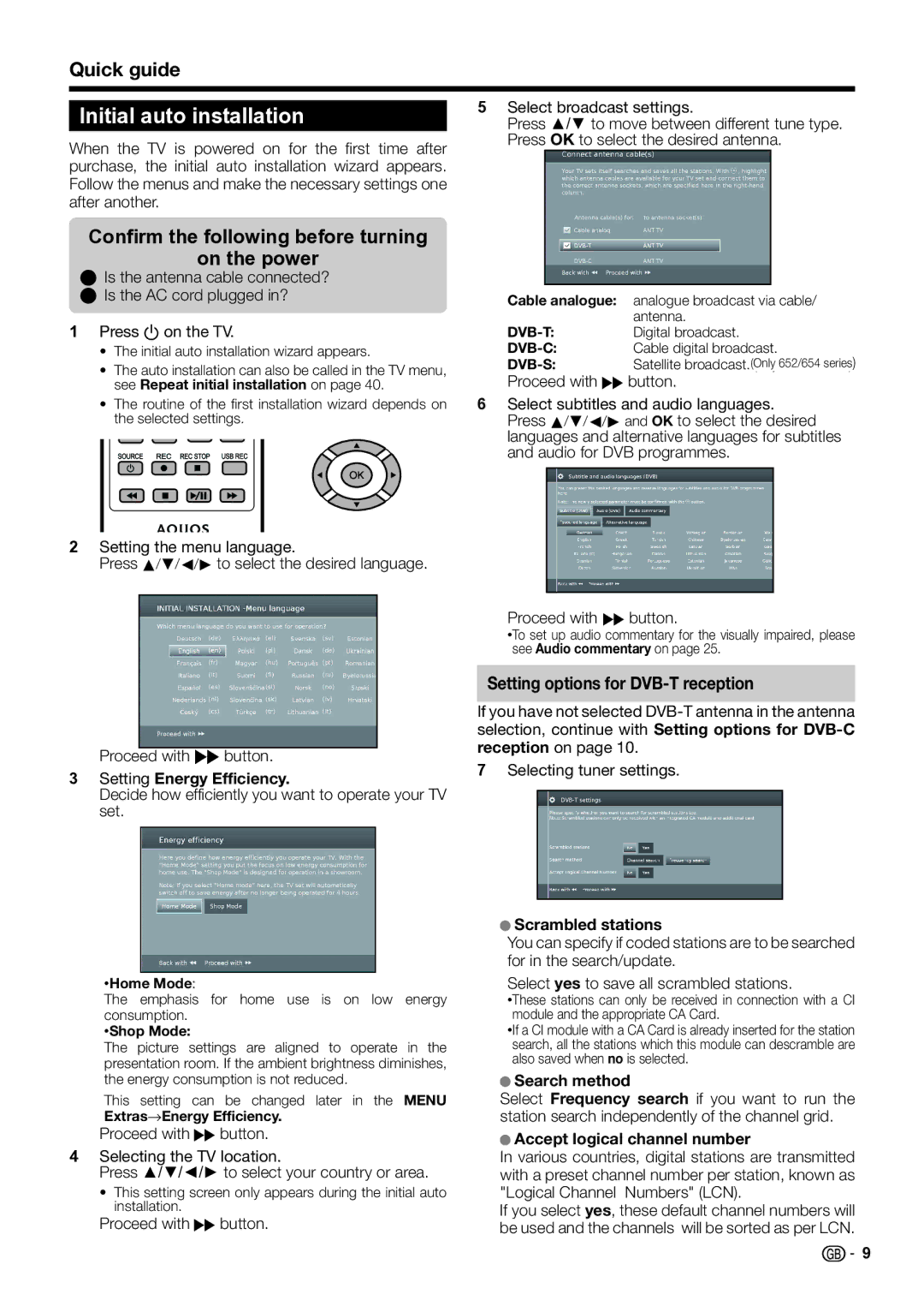 Sharp LC-50LE650E/V, LC-60LX652E, LC-60LE654E Initial auto installation, Confirm the following before turning On the power 