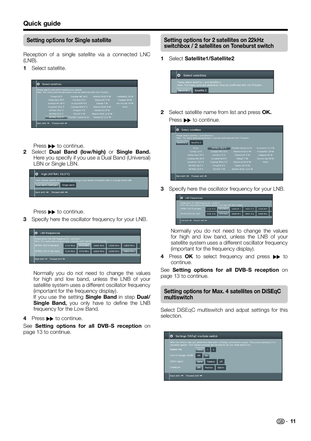 Sharp LC-39LK652E Setting options for Single satellite, Setting options for Max satellites on DiSEqC multiswitch 