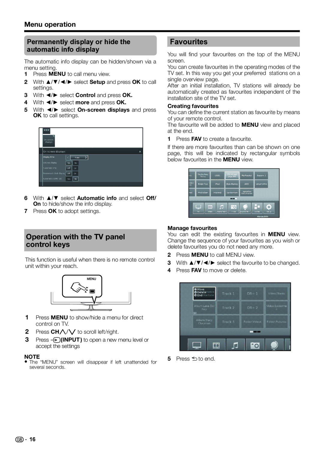 Sharp LC-39LM652E/V Favourites, Operation with the TV panel control keys, Creating favourites, Manage favourites 