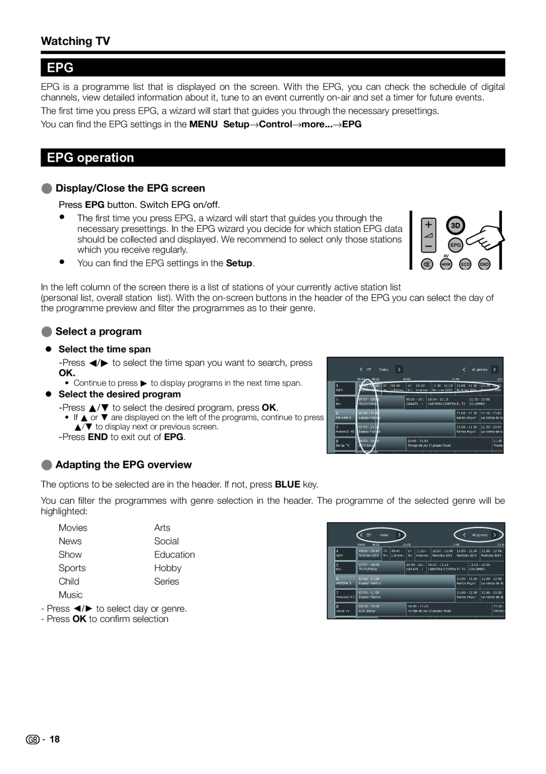 Sharp LC-39LX652E EPG operation, Watching TV, Display/Close the EPG screen, Select a program, Adapting the EPG overview 