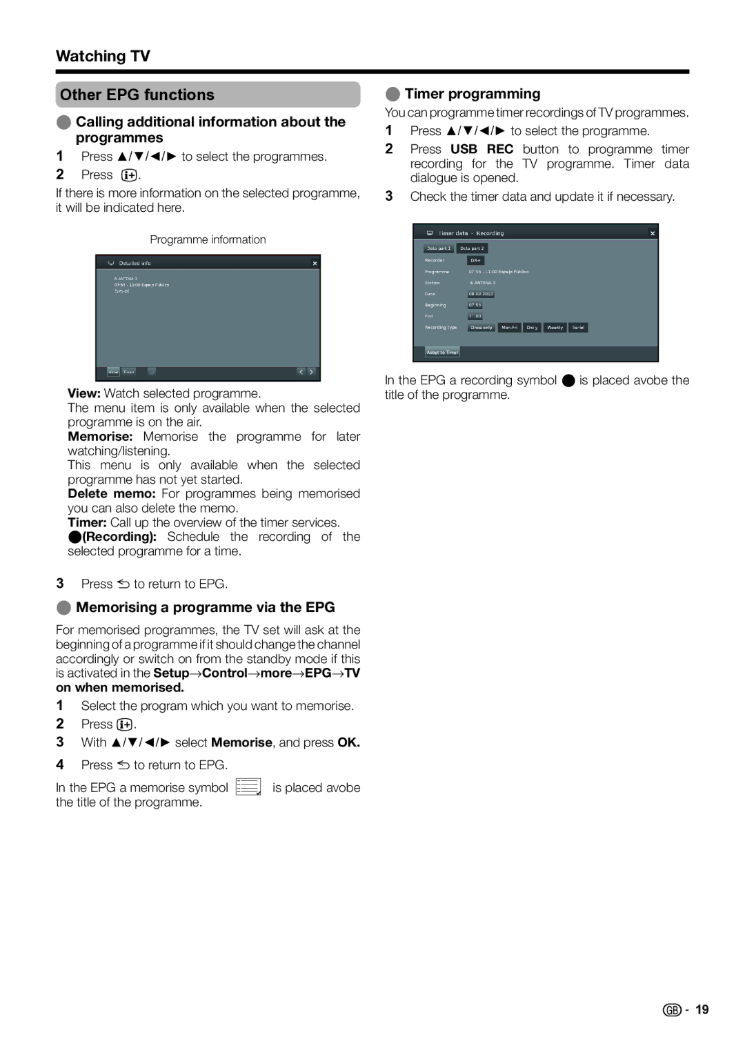 Sharp LC-60LM652E Watching TV Other EPG functions, Calling additional information about the programmes, Timer programming 