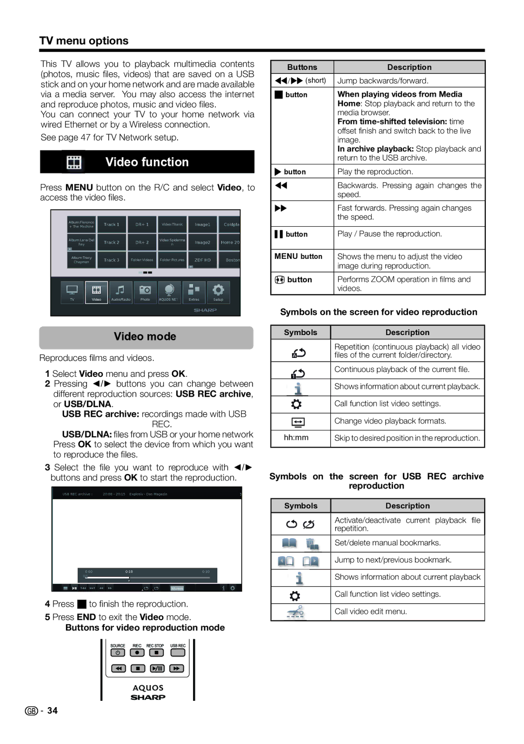 Sharp LC-39LK652E, LC-60LX652E, LC-60LE654E, LC-60LE651E/K Video function, Video mode, Buttons for video reproduction mode 