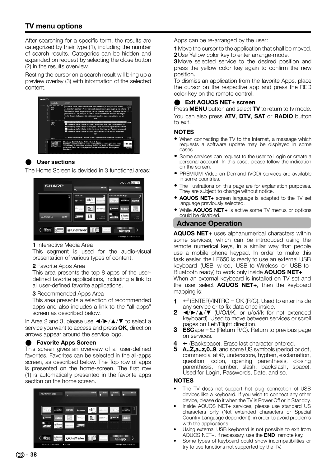 Sharp LC-39LE652E/V Advance Operation, User sections, Recommended Apps Area, Favorite Apps Screen, Exit Aquos NET+ screen 