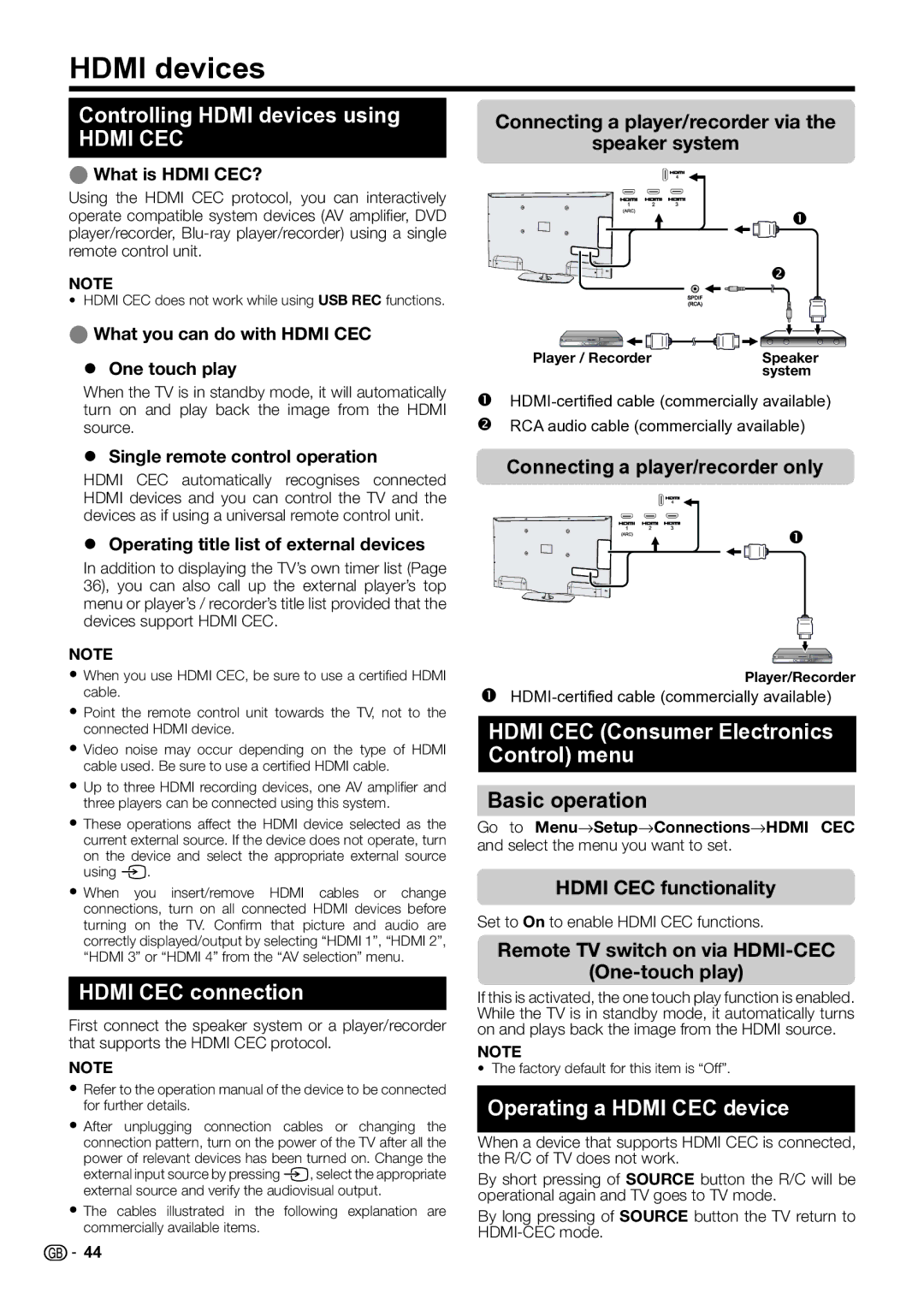 Sharp LC-60LX652E Controlling Hdmi devices using, Hdmi CEC connection, Hdmi CEC Consumer Electronics Control menu 