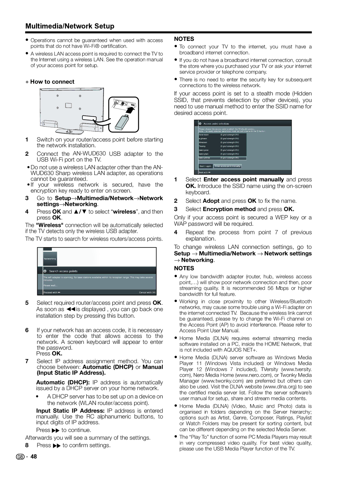 Sharp LC-60LE652E Multimedia/Network Setup, Press OK and / to select wireless, and then press OK, → Networking 