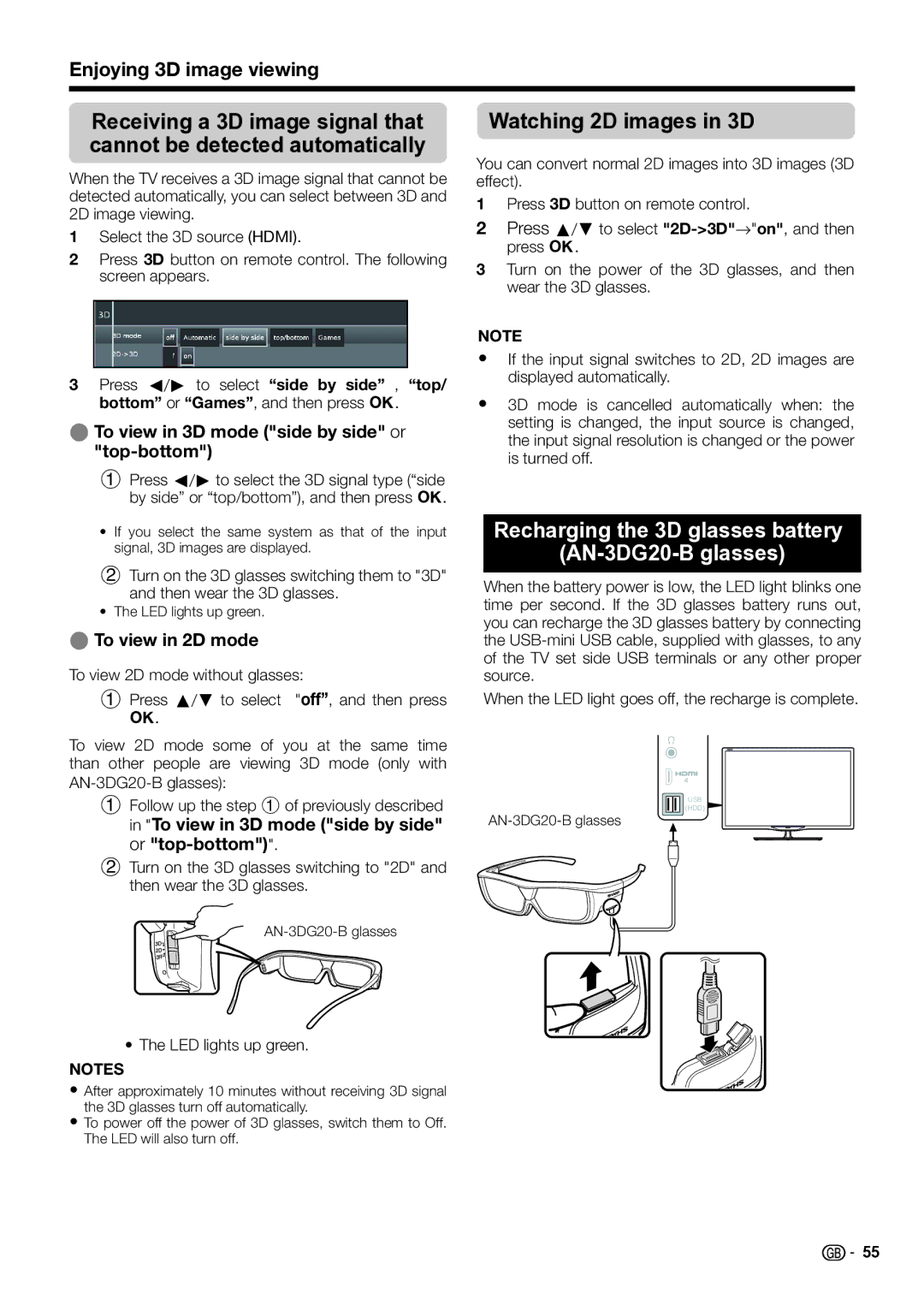 Sharp LC-50LE650E/V Watching 2D images in 3D, Recharging the 3D glasses battery AN-3DG20-B glasses, To view in 2D mode 