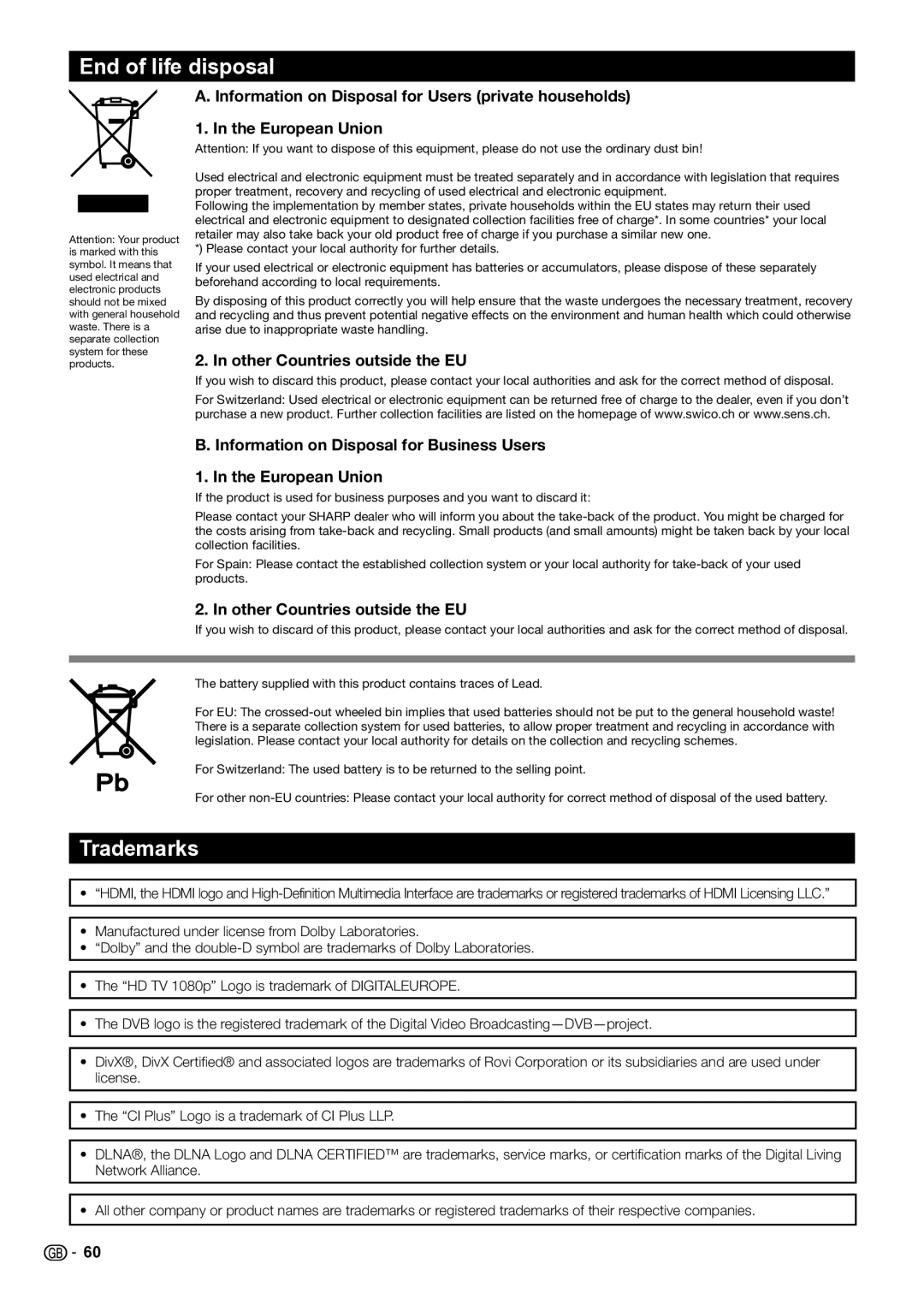 Sharp LC-39LE654E/V, LC-60LX652E, LC-60LE654E, LC-60LU651E End of life disposal, Trademarks, Other Countries outside the EU 