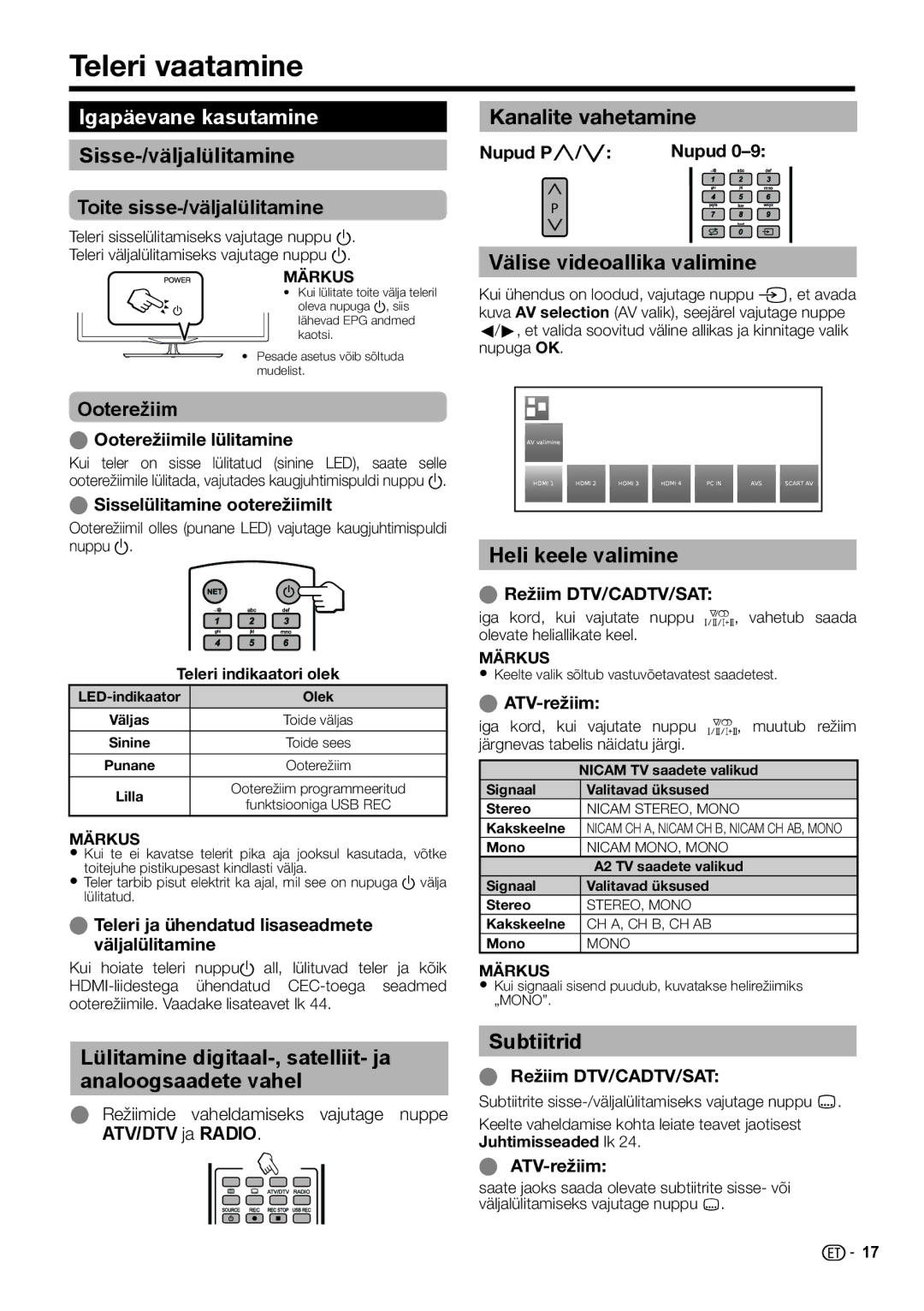 Sharp LC-39LU651E, LC-60LX652E, LC-60LE654E, LC-60LE651E/K, LC-60LU651E, LC-60LE652E Teleri vaatamine, Igapäevane kasutamine 