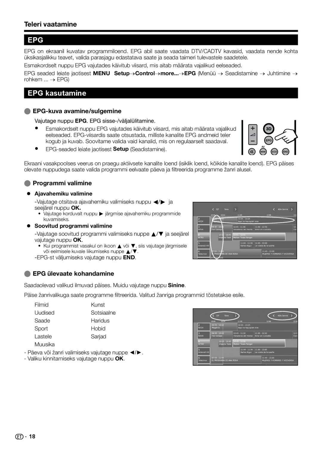 Sharp LC-39LX652E, LC-60LX652E EPG kasutamine, Teleri vaatamine, EPG-kuva avamine/sulgemine, Programmi valimine 