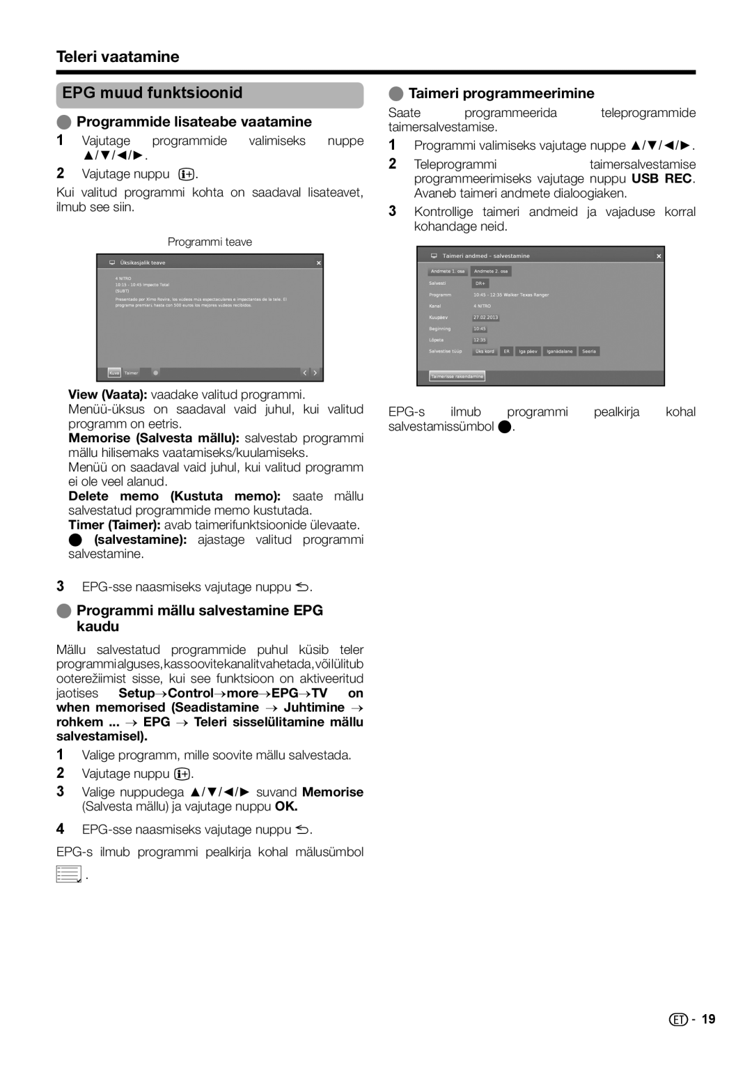 Sharp LC-60LM652E Teleri vaatamine EPG muud funktsioonid, Programmide lisateabe vaatamine, Taimeri programmeerimine 